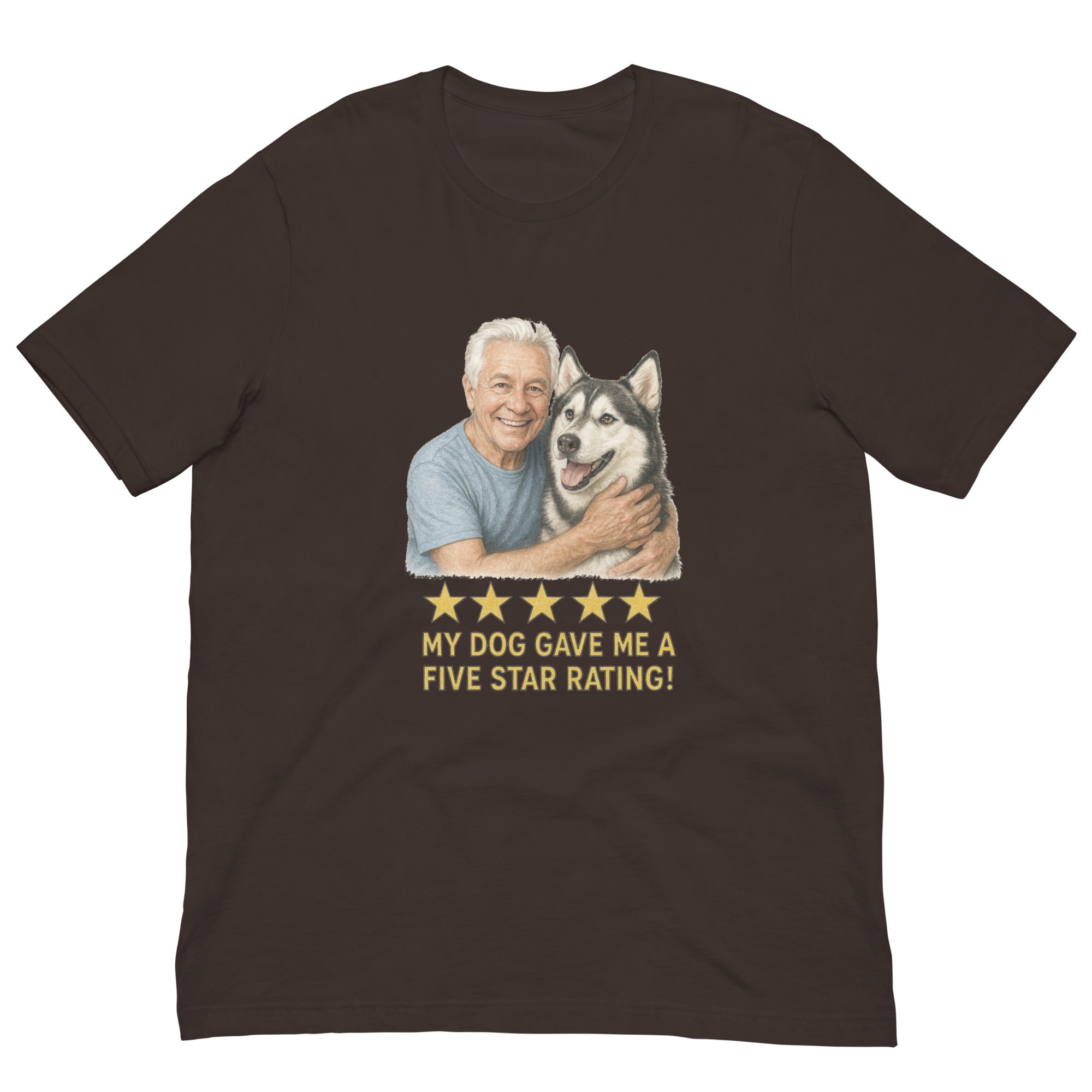 White Hair Man with Alaskan Husky graphic tee.