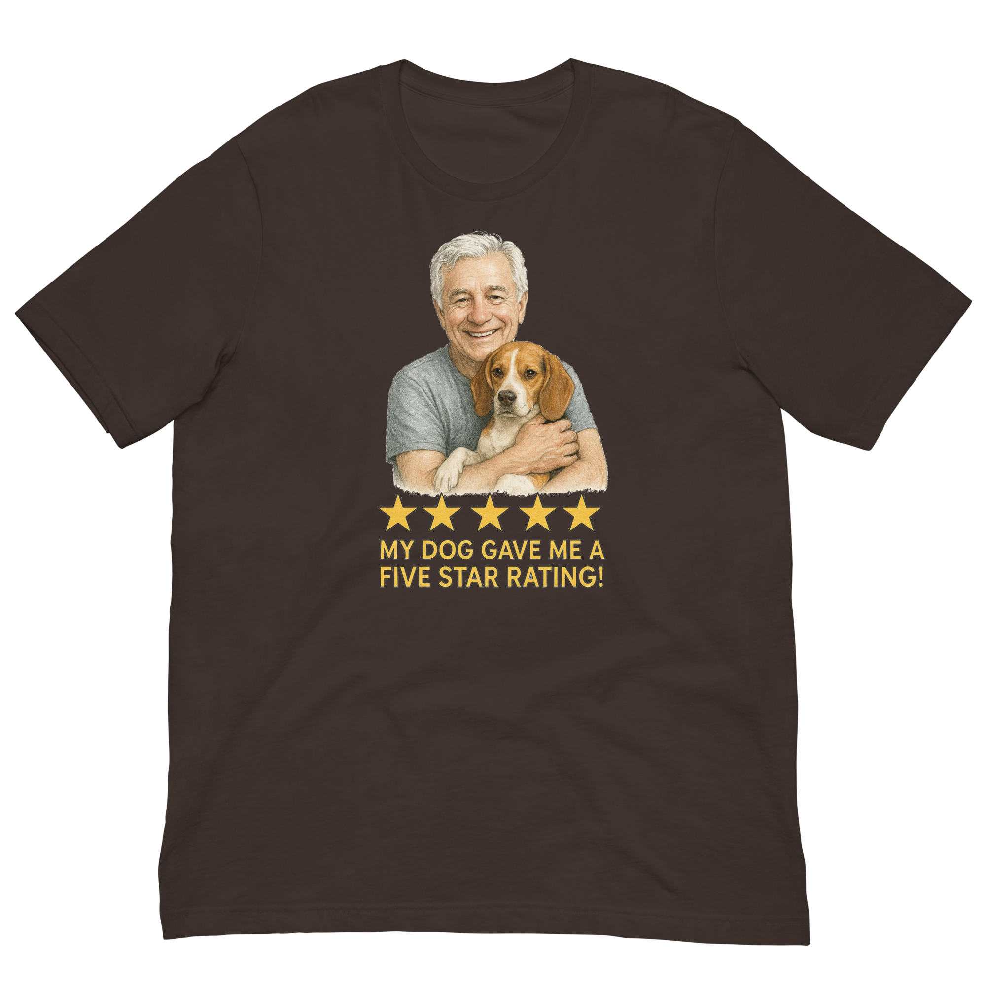 White Hair Man with Beagle graphic tee.