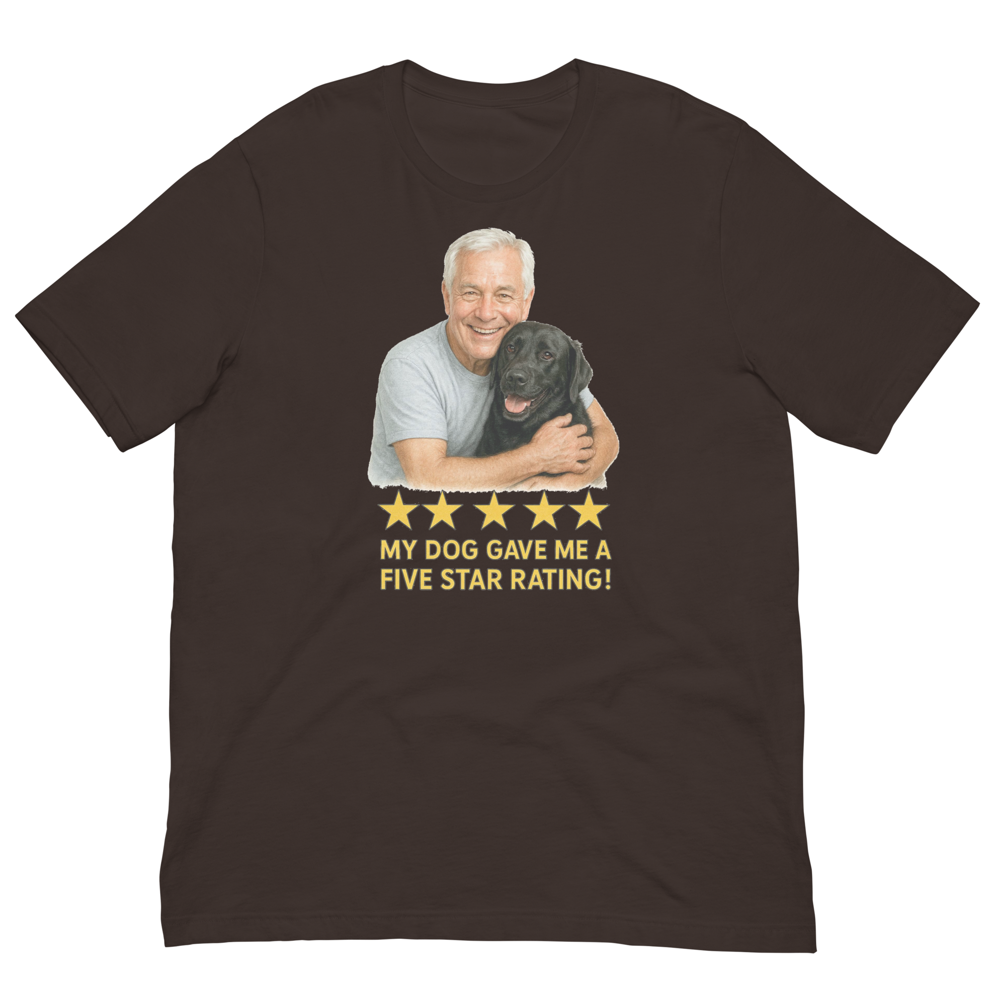 White Hair Man with Black Labrador graphic tee.