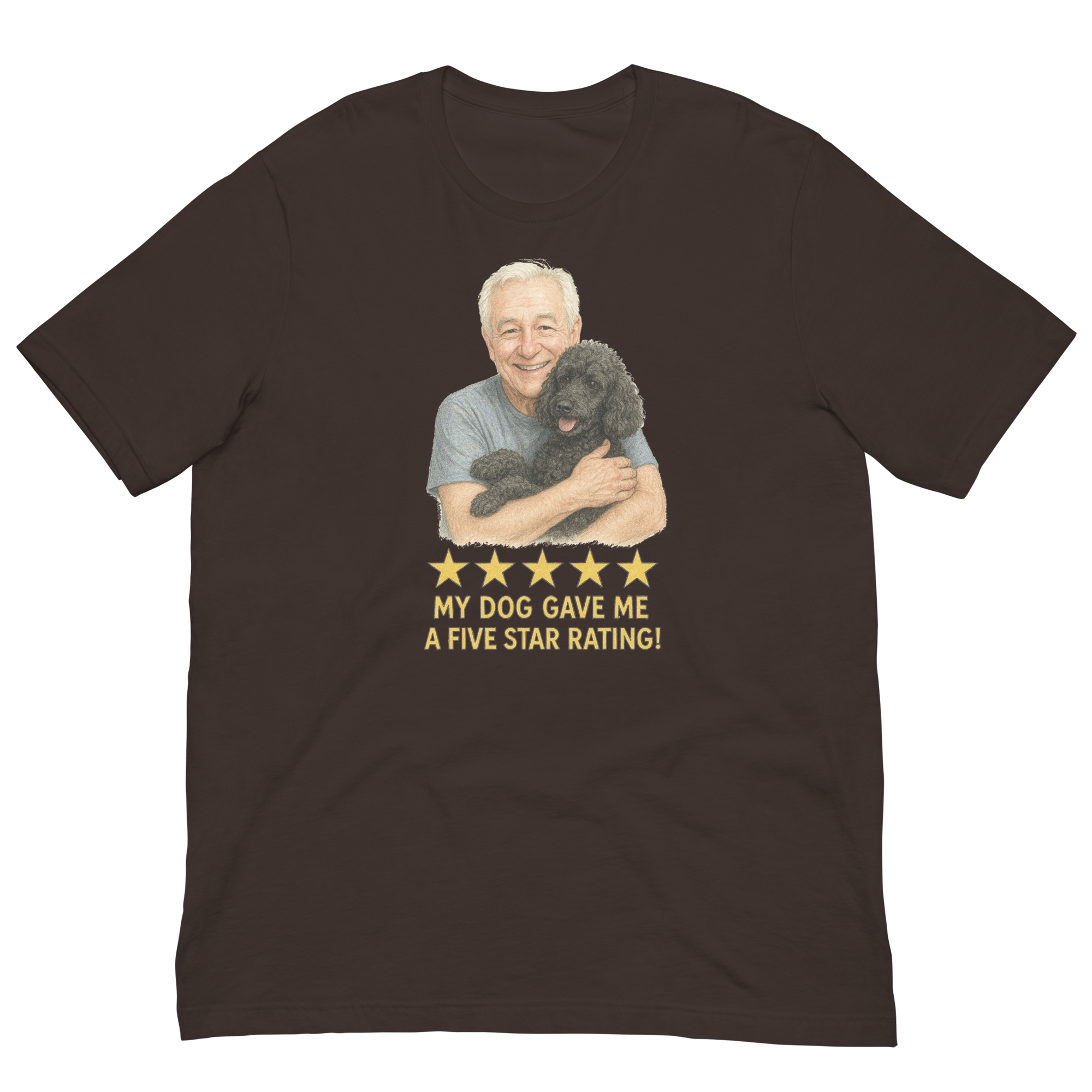 White Hair Man with Black Poodle graphic tee.