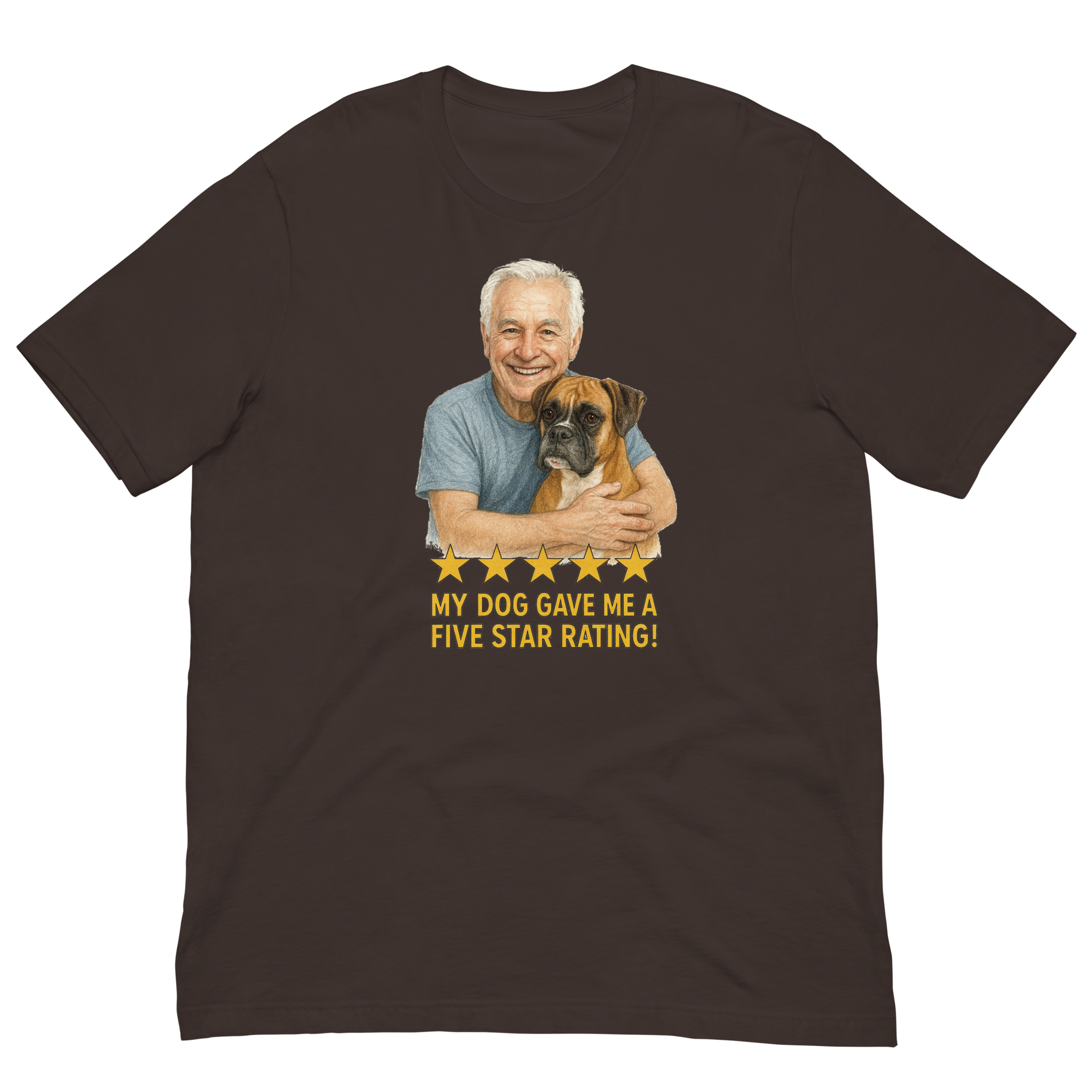 White Hair Man with Boxer graphic tee.