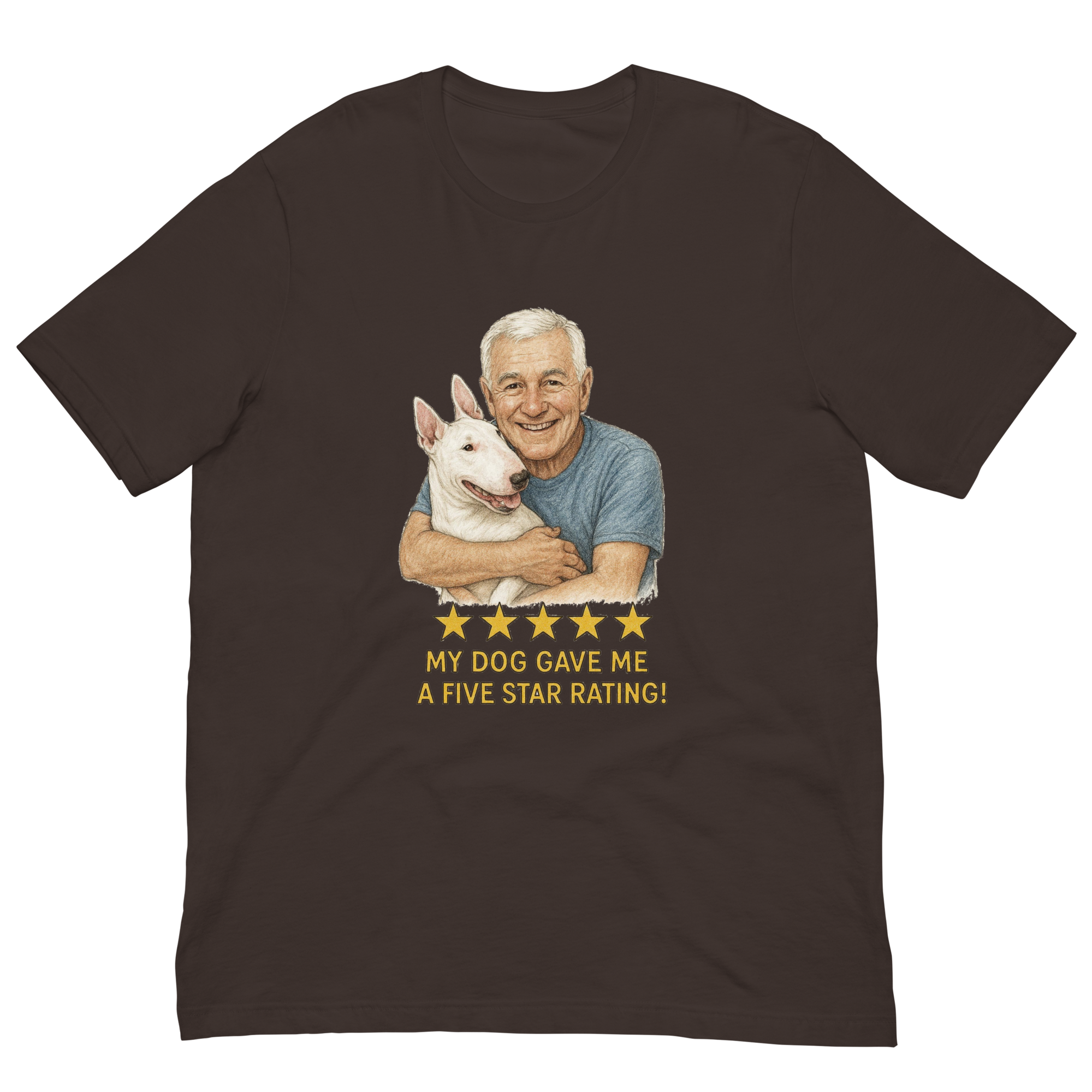 White Hair Man with Bull Terrier graphic tee.