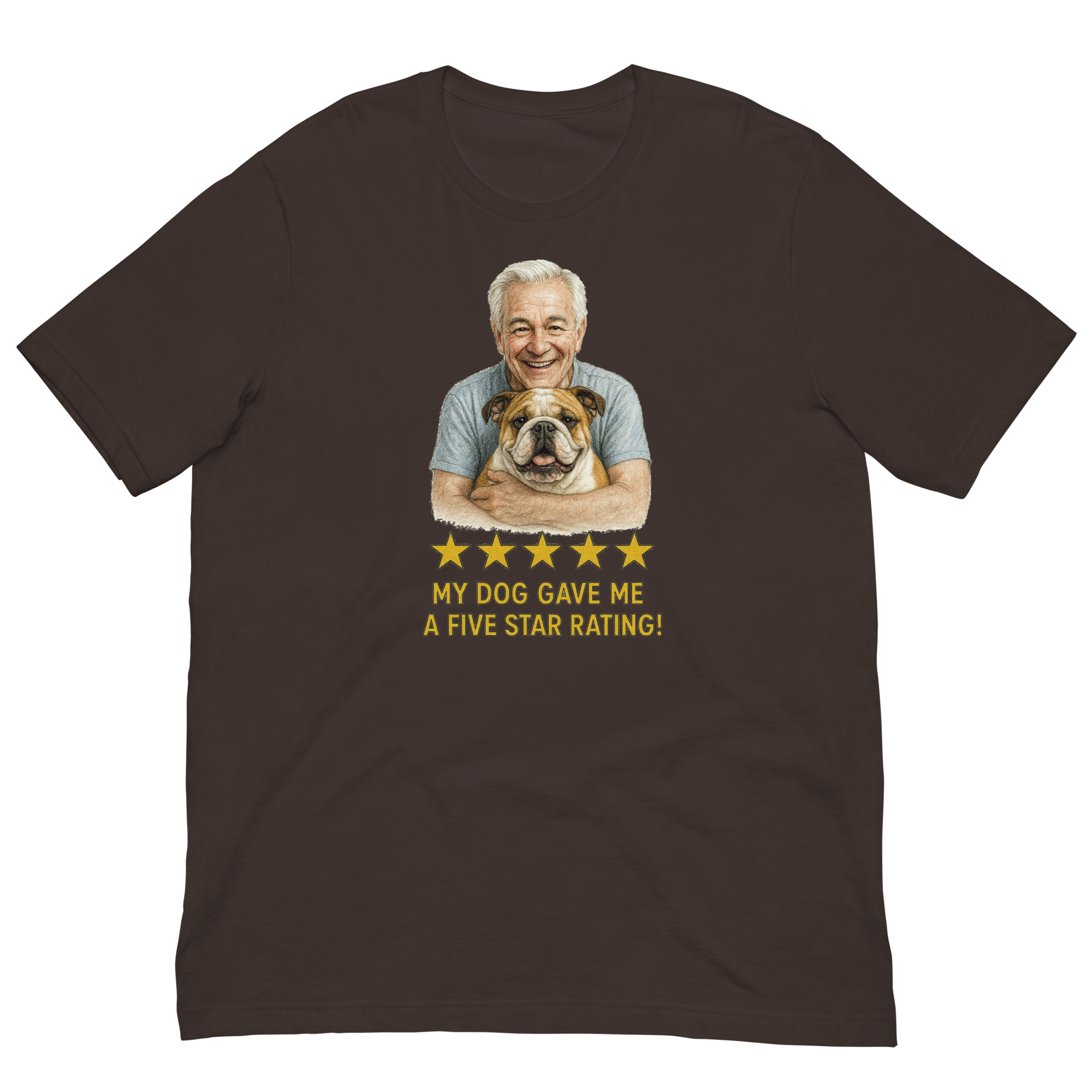 White Hair Man with Bulldog graphic tee.