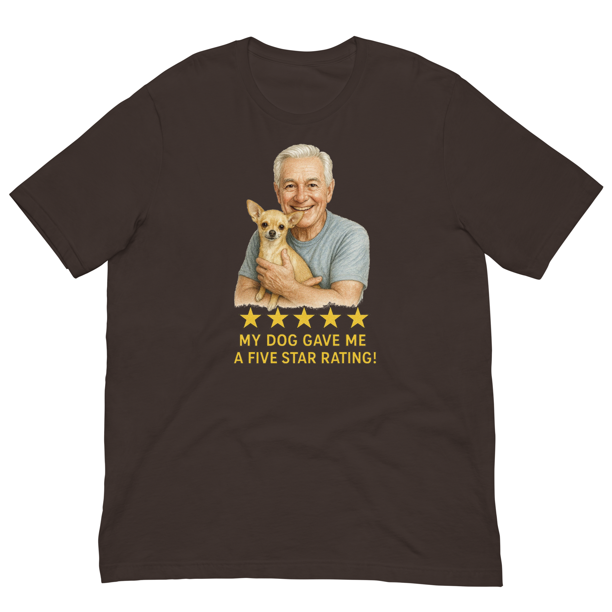 White Hair Man with Chihuahua graphic tee.