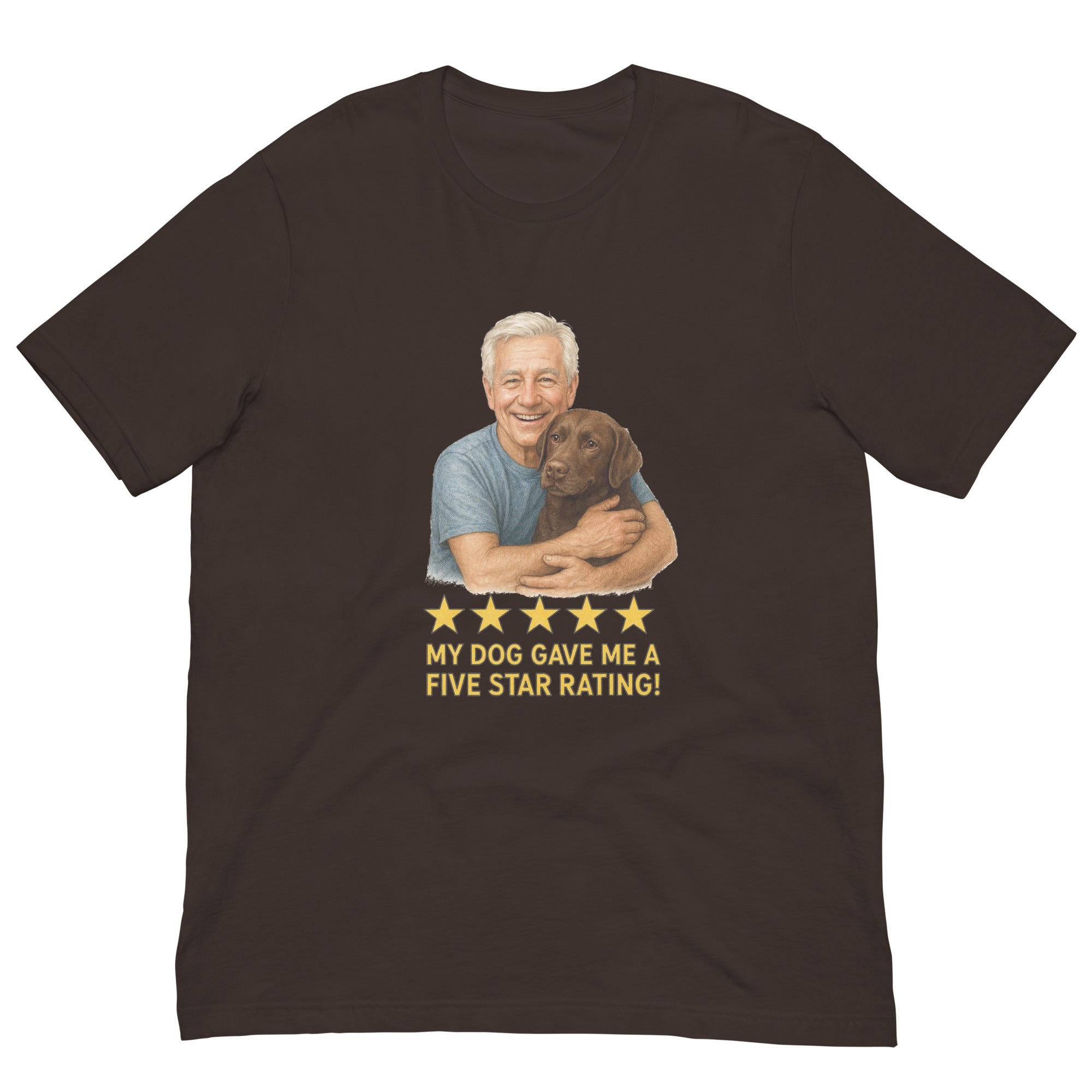 White Hair Man with Chocolate Labrador graphic tee.