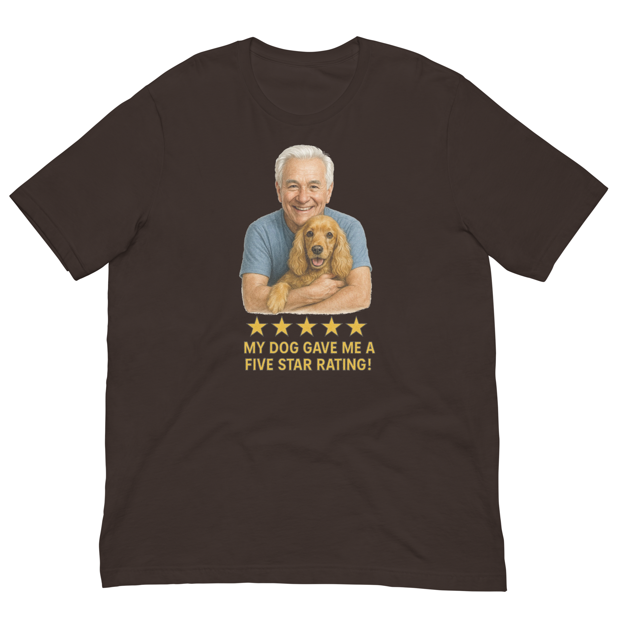 White Hair Man with Cocker Spaniel graphic tee.