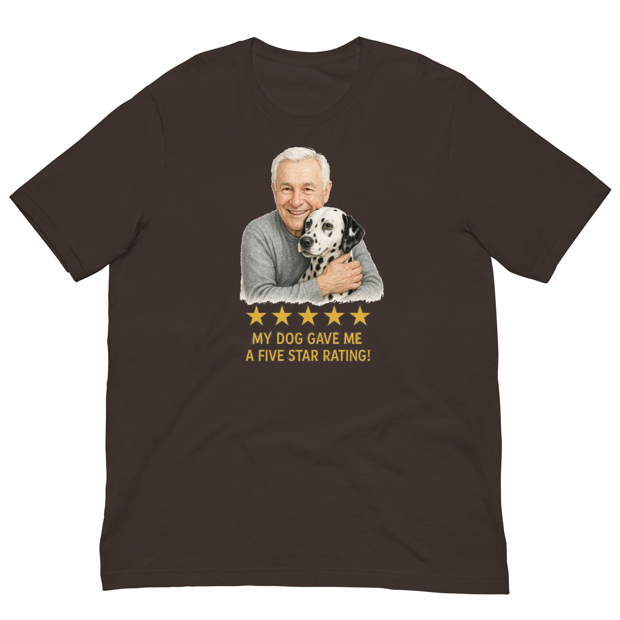 White Hair Man with Dalmatian graphic tee.