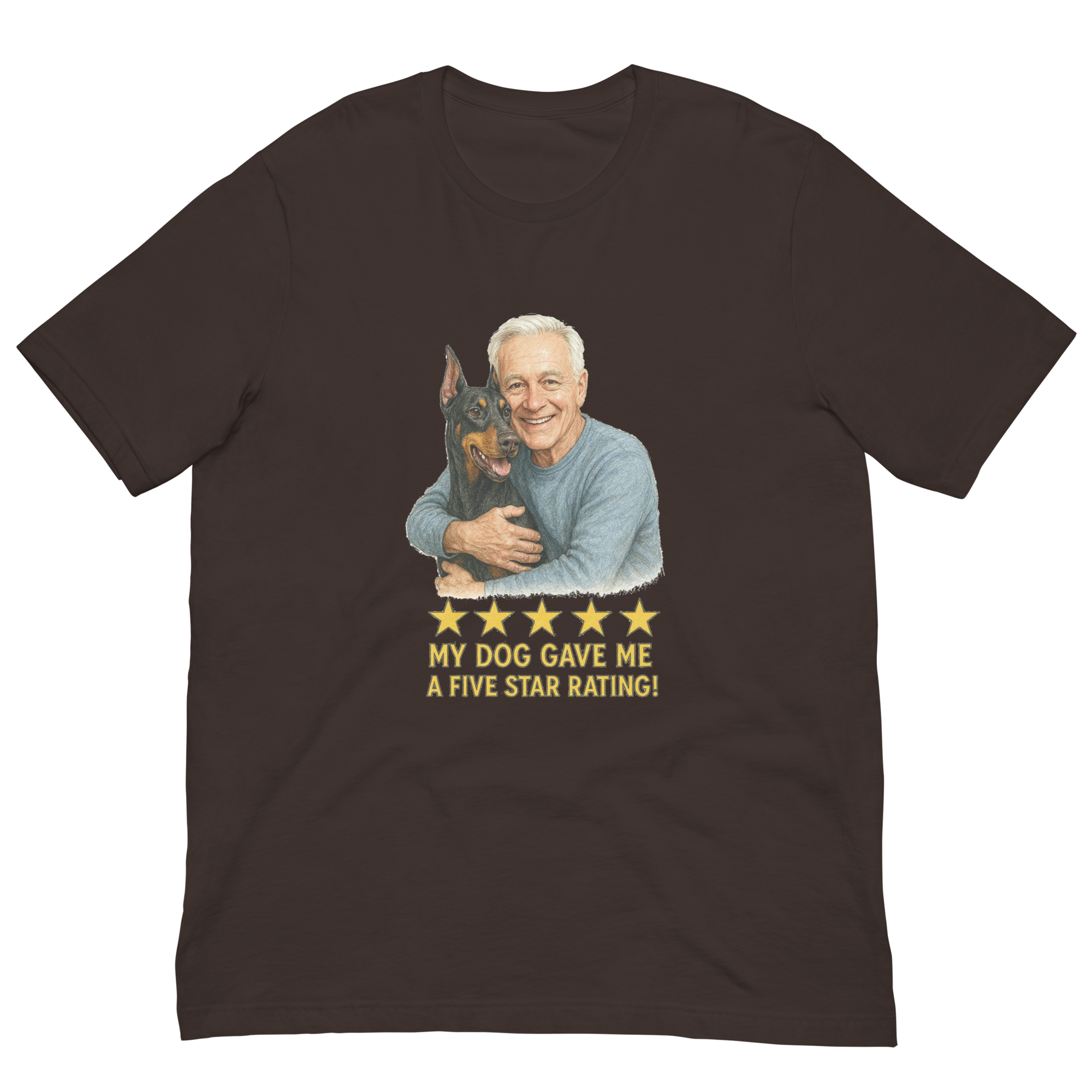 White Hair Man with Doberman Pinscher graphic tee.