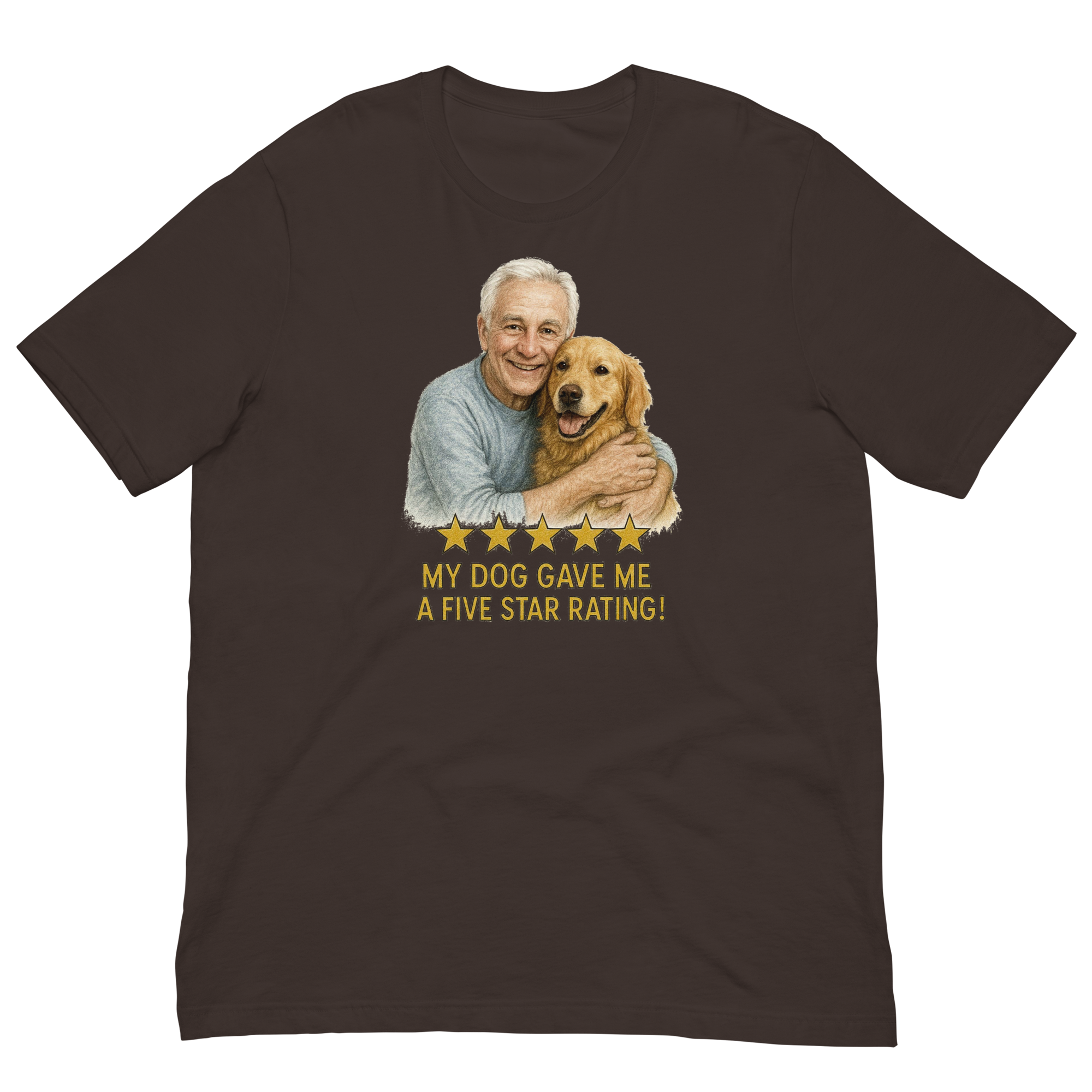 White Hair Man with Golden Retriever graphic tee.