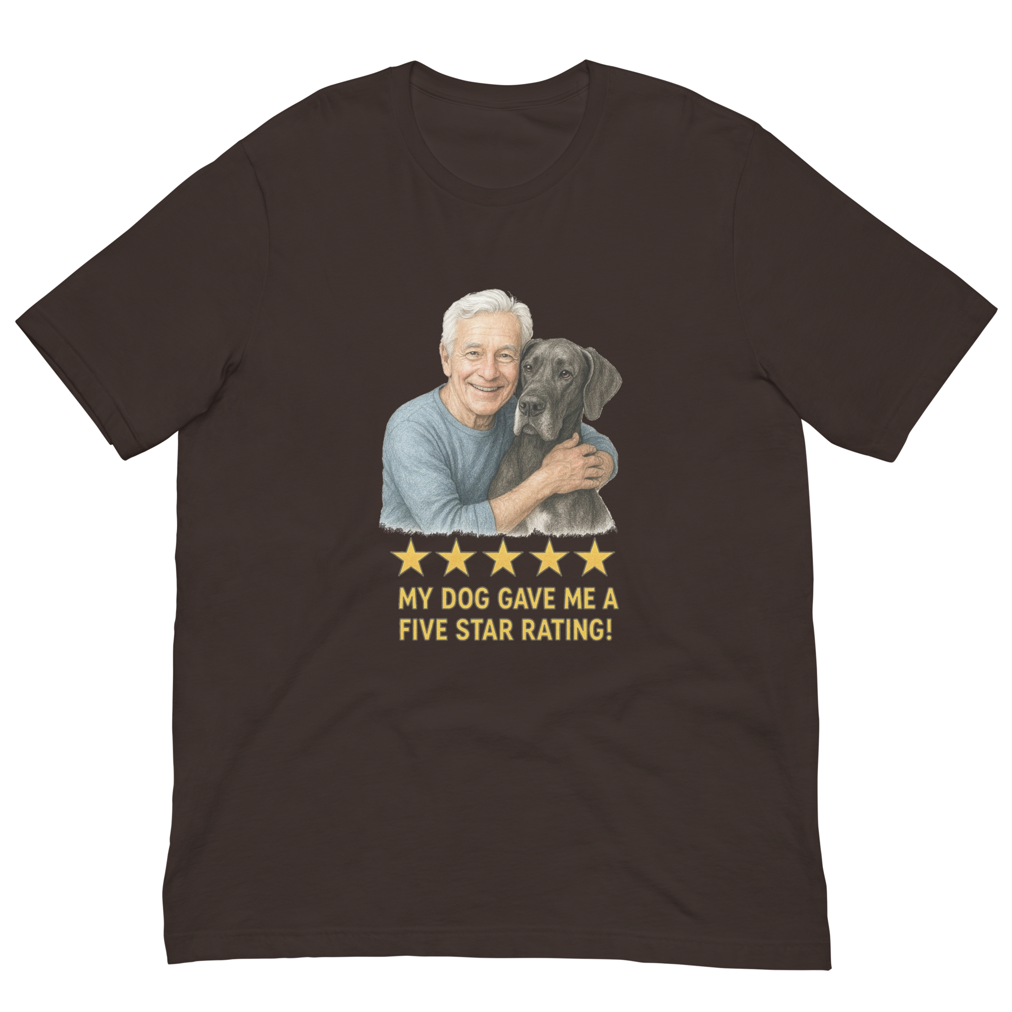 White Hair Man with Great Dane graphic tee.