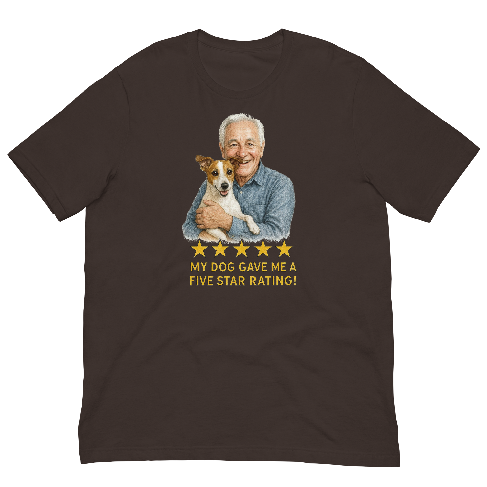 White Hair Man with Jack Russell Terrier graphic tee.