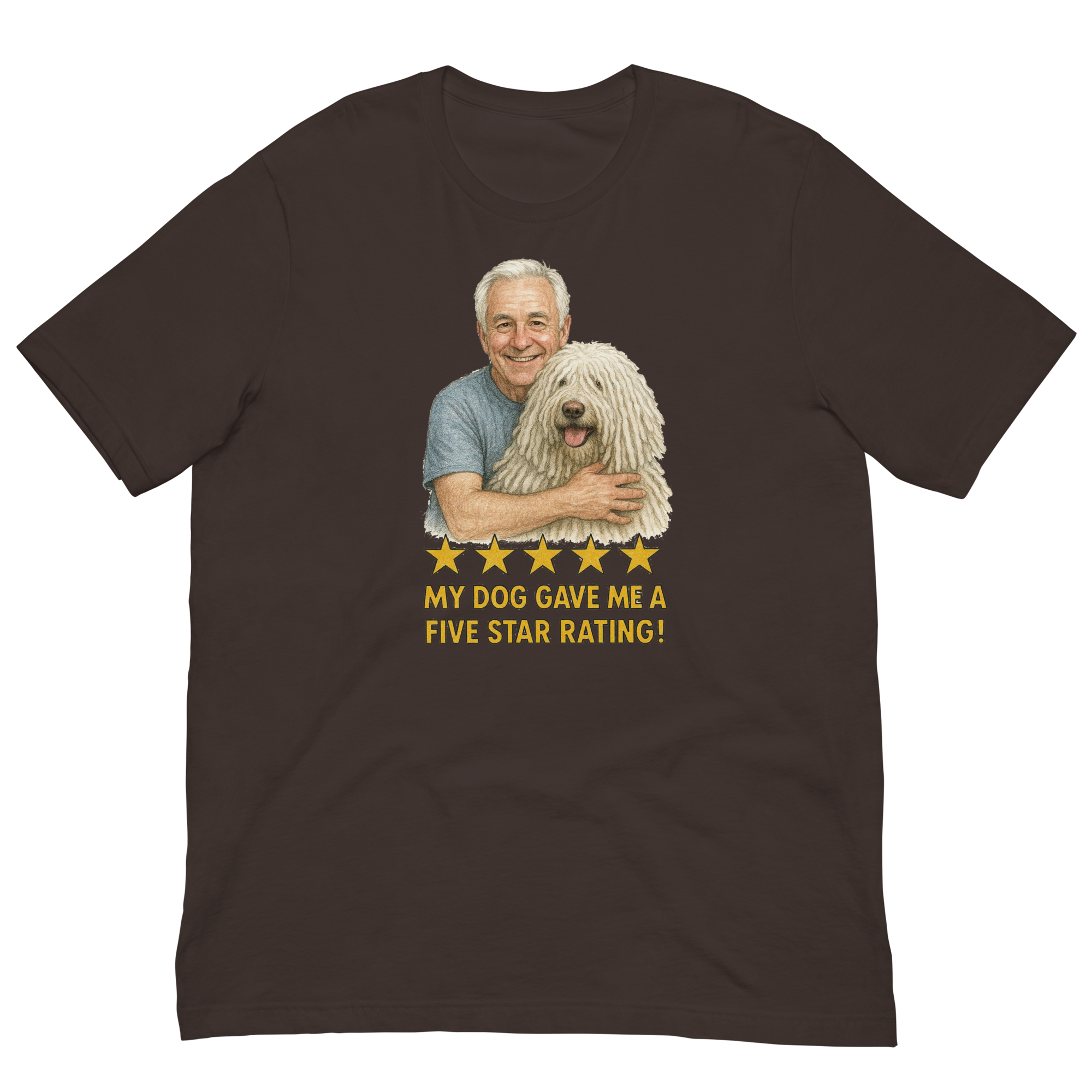White Hair Man with Komondor graphic tee.