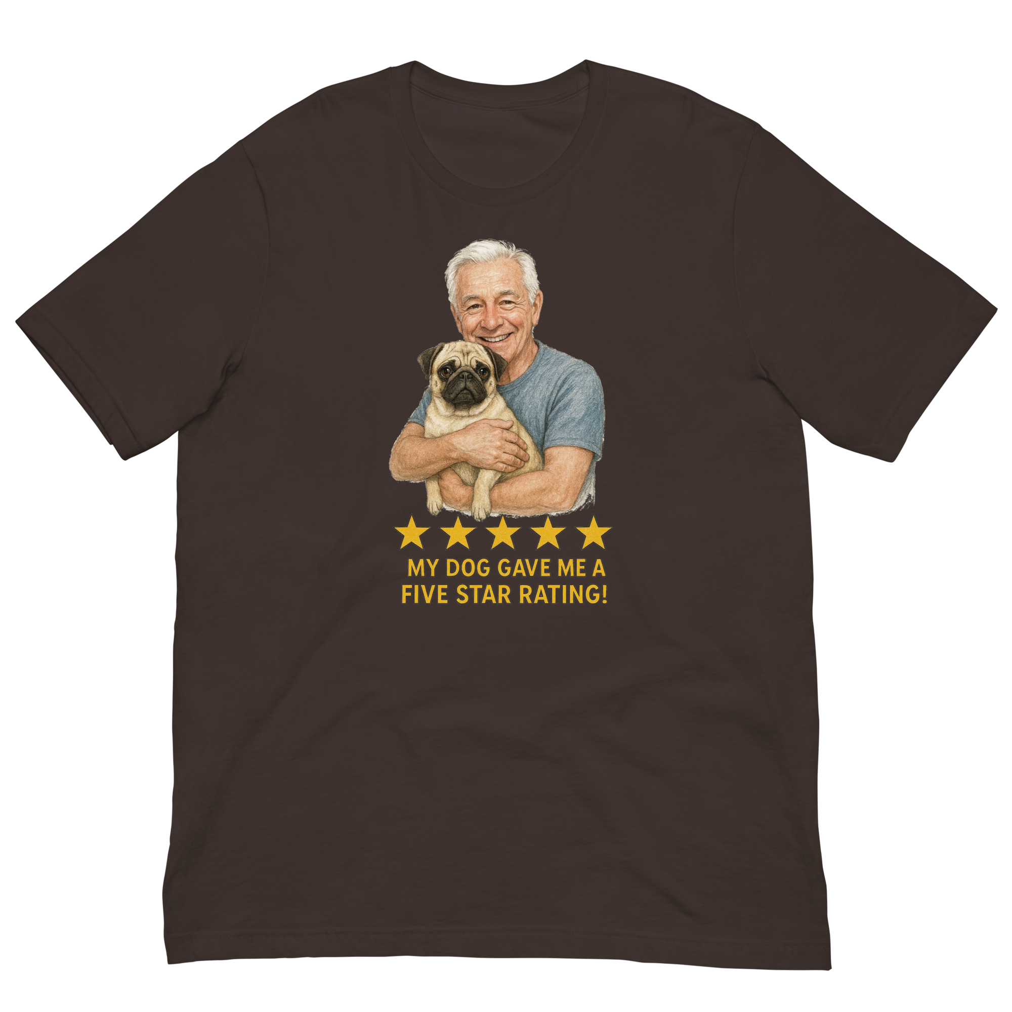 White Hair Man with Pug graphic tee.