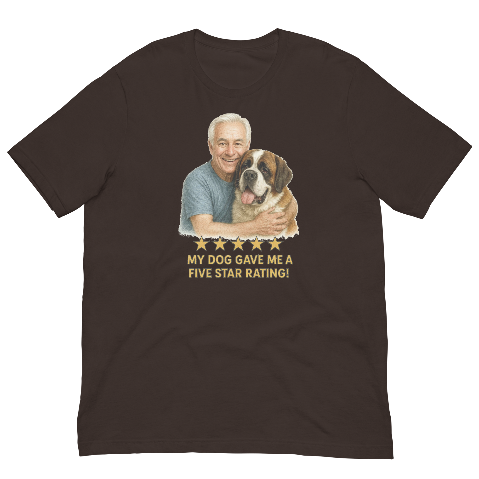 White Hair Man with Saint Bernard graphic tee.