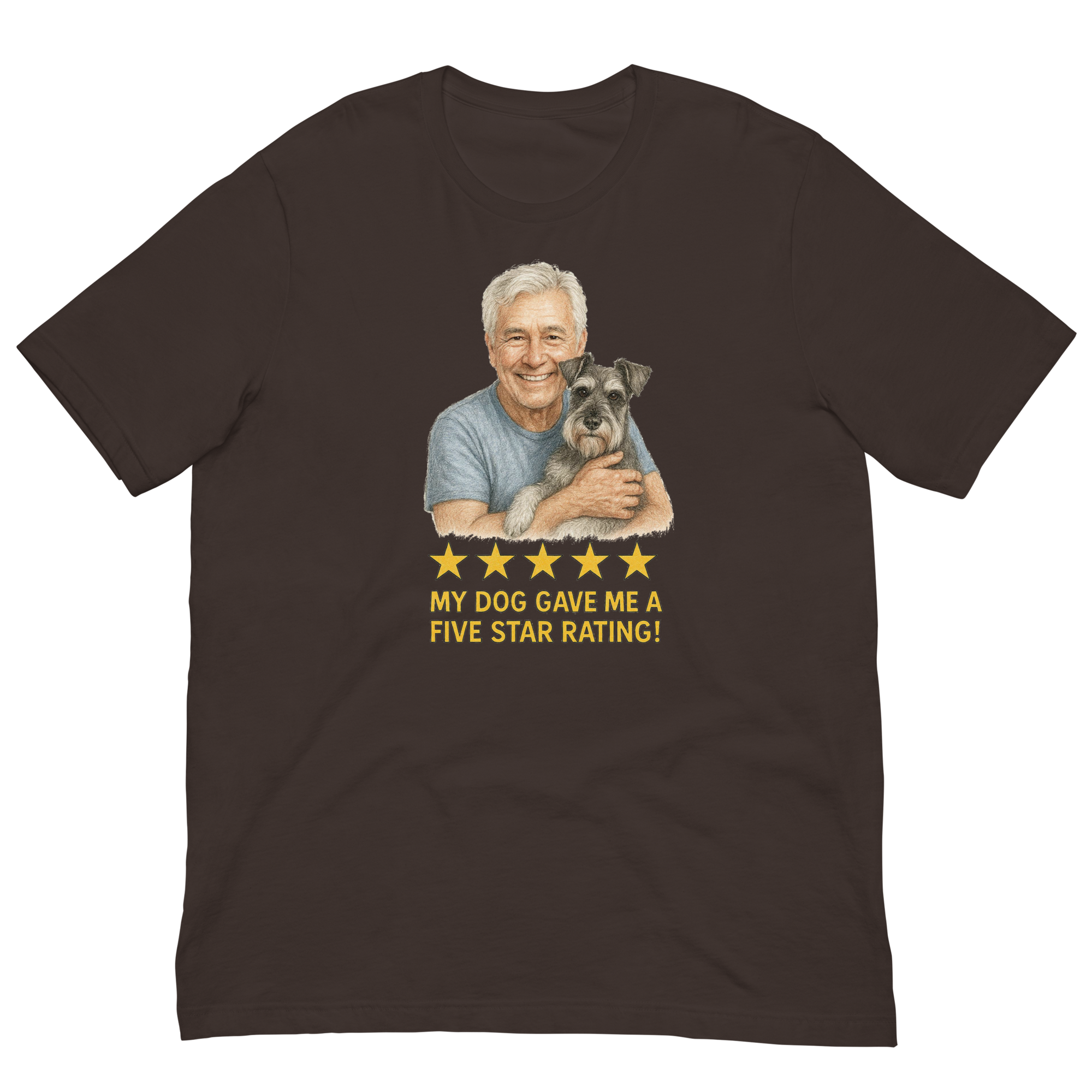 White Hair Man with Schnauzer graphic tee.