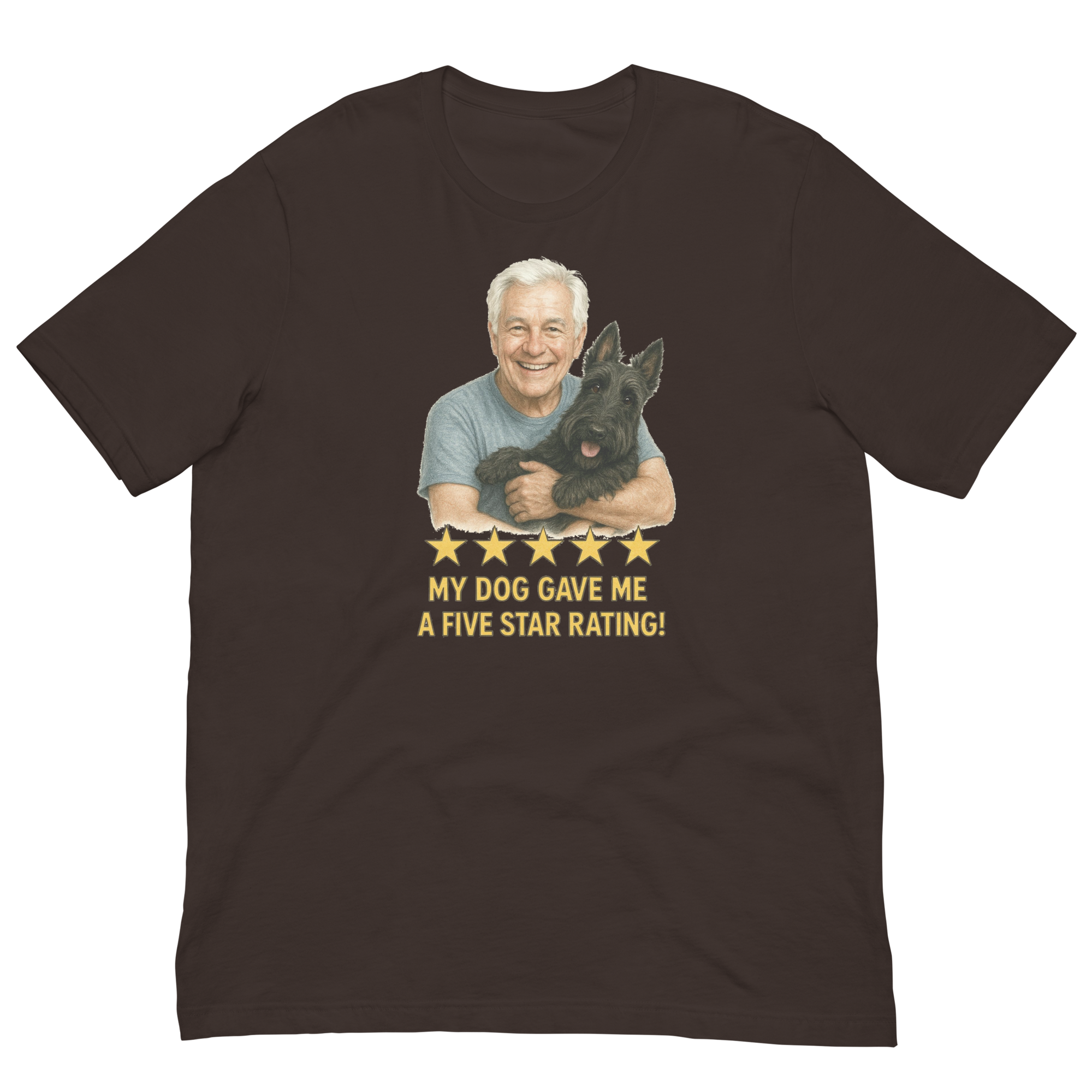White Hair Man with Scottie graphic tee.