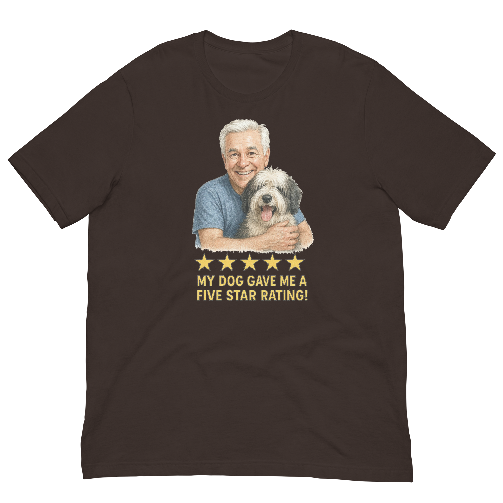 White Hair Man with Sheepdog graphic tee.