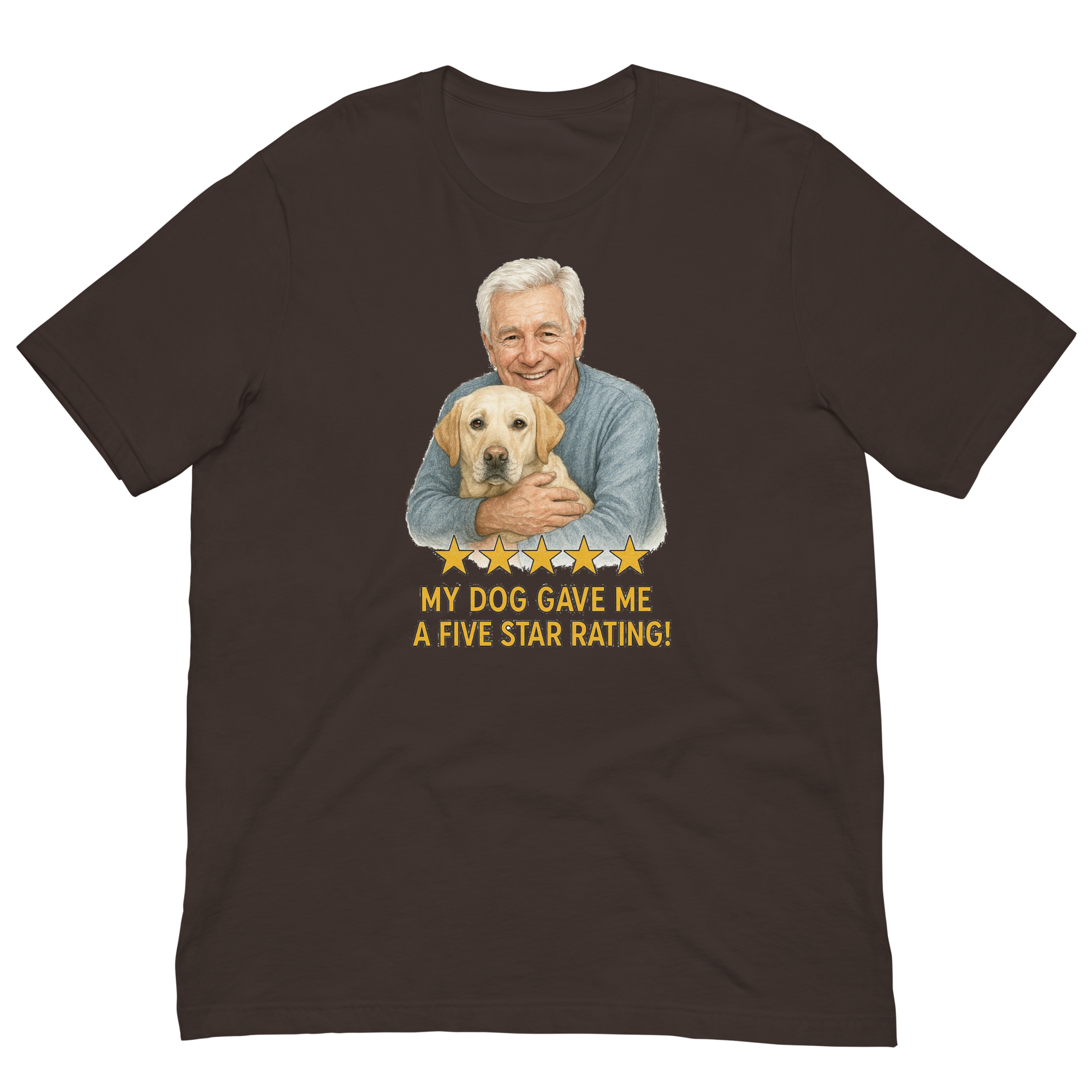 White Hair Man with Yellow Labrador graphic tee.