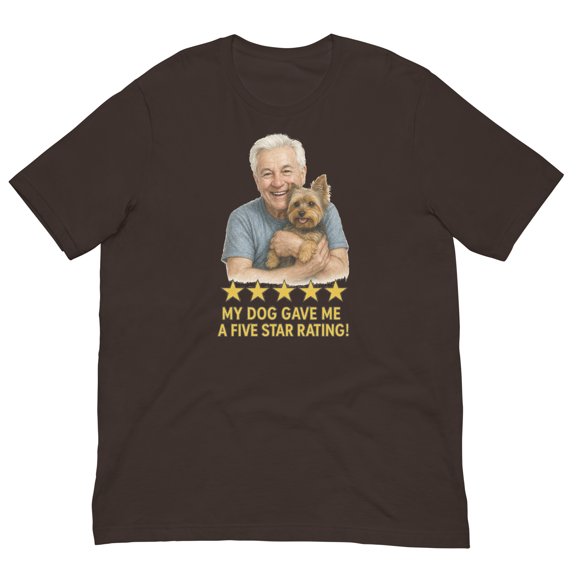 White Hair Man with Yorkie graphic tee.