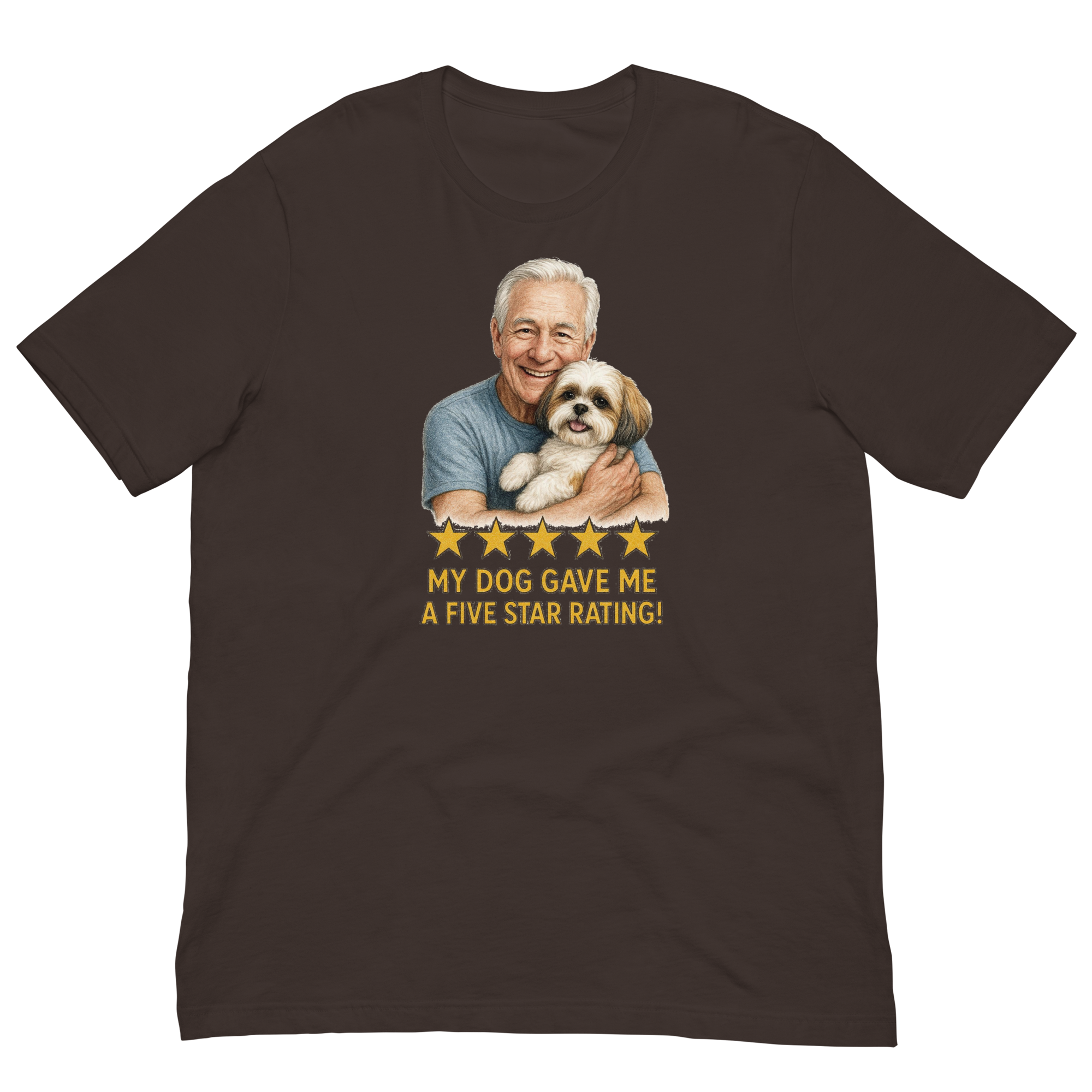 White Hair Man with Shih Tzu graphic tee.