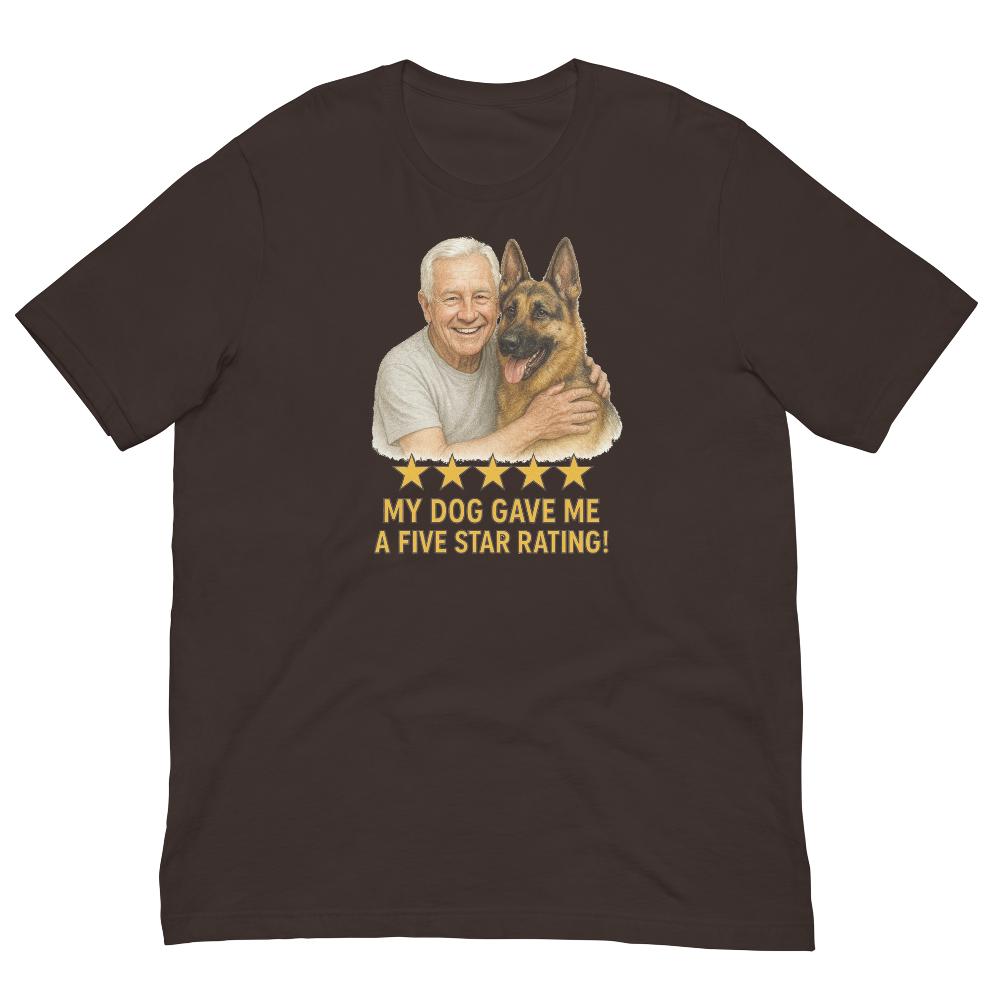 White Hair Man with German Shepherd graphic tee.