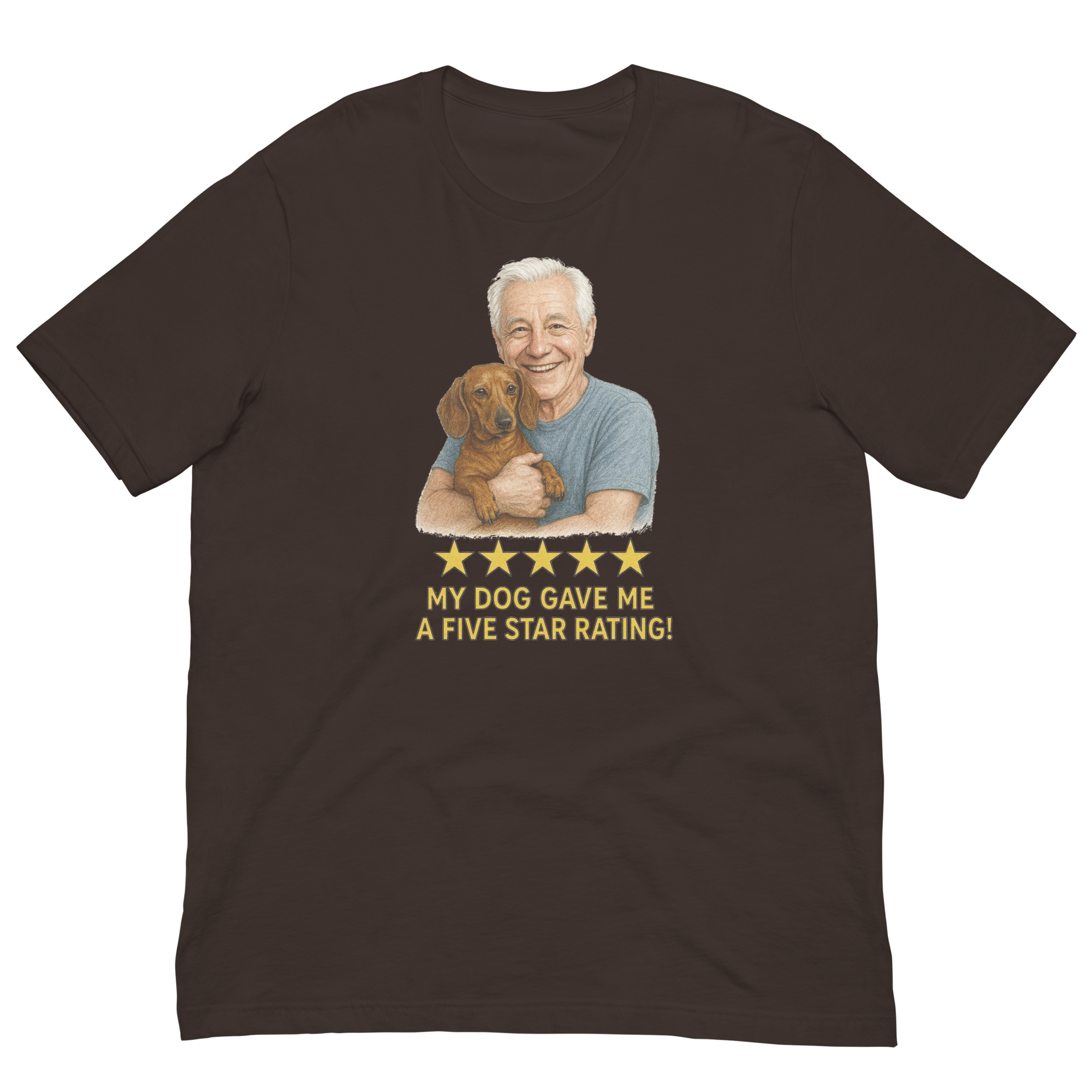 White Hair Man with Dachshund graphic tee.