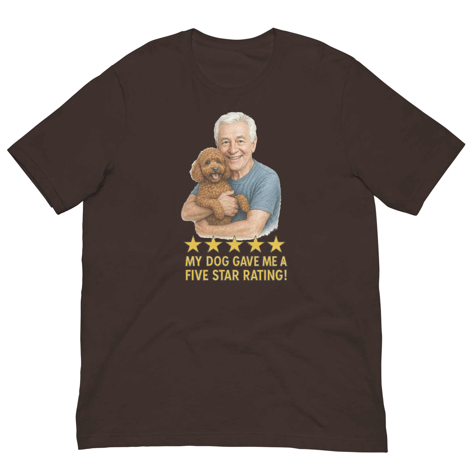 White Hair Man with Brown Poodle graphic tee.