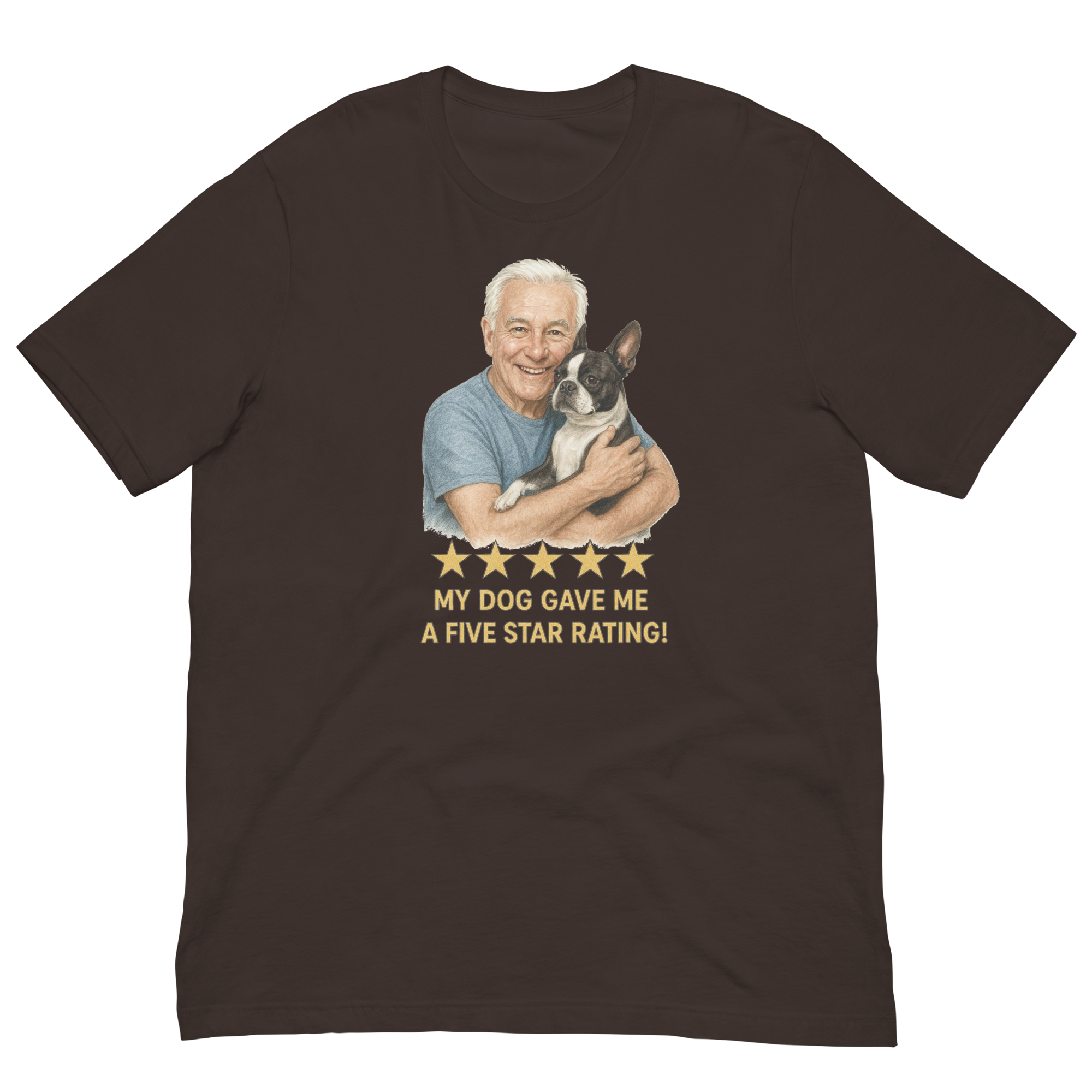 White Hair Man with Boston Terrier graphic tee.