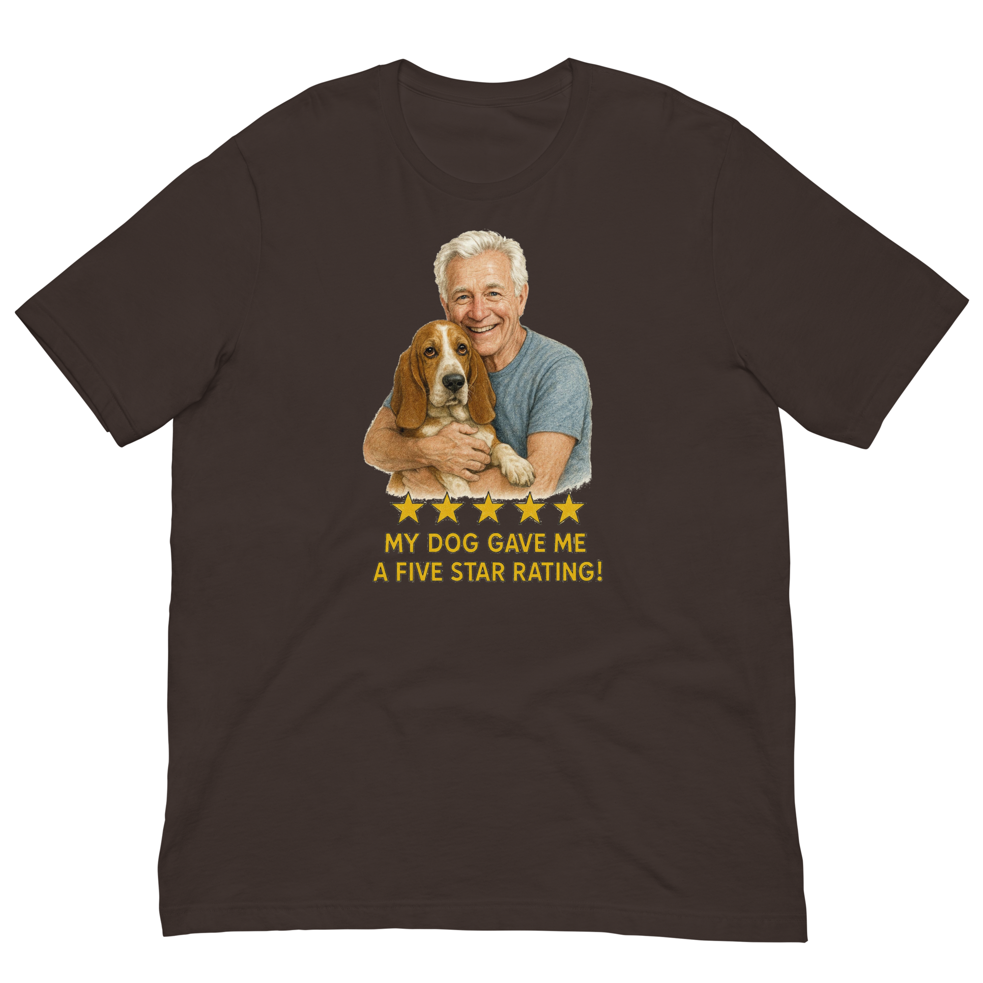 White Hair Man with Basset Hound graphic tee.