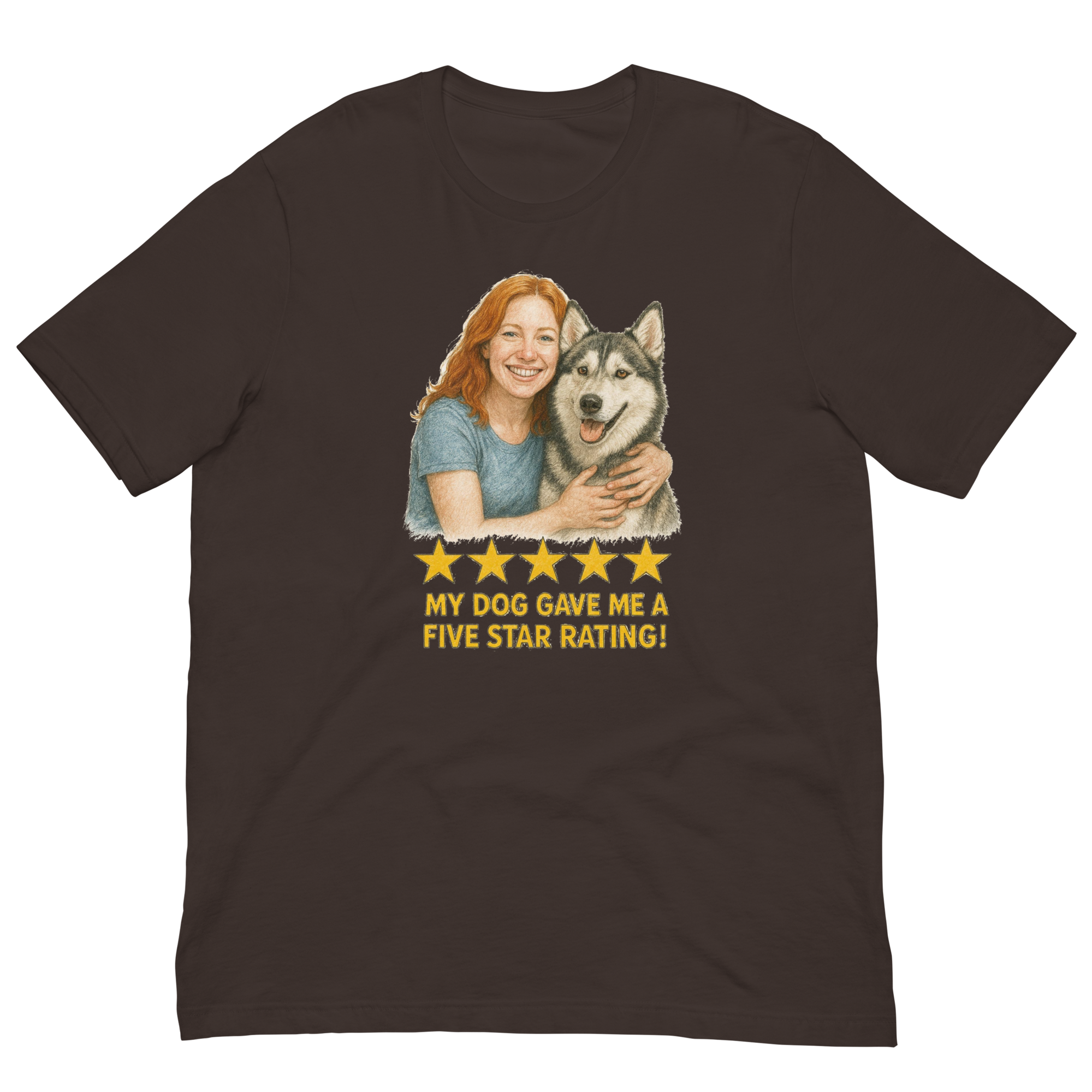 Red Hair Woman with Alaskan Husky graphic tee.