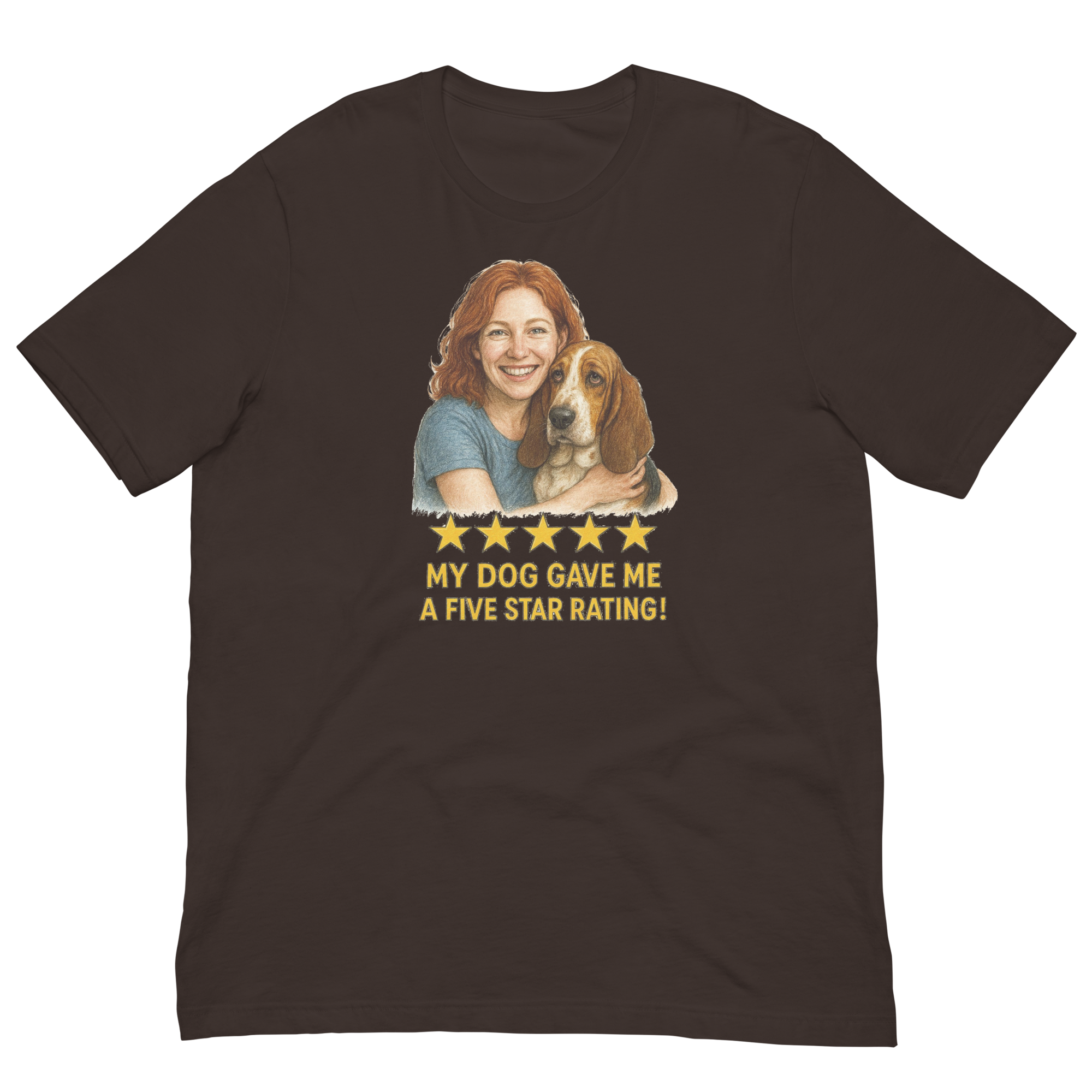 Red Hair Woman with Basset Hound graphic tee.