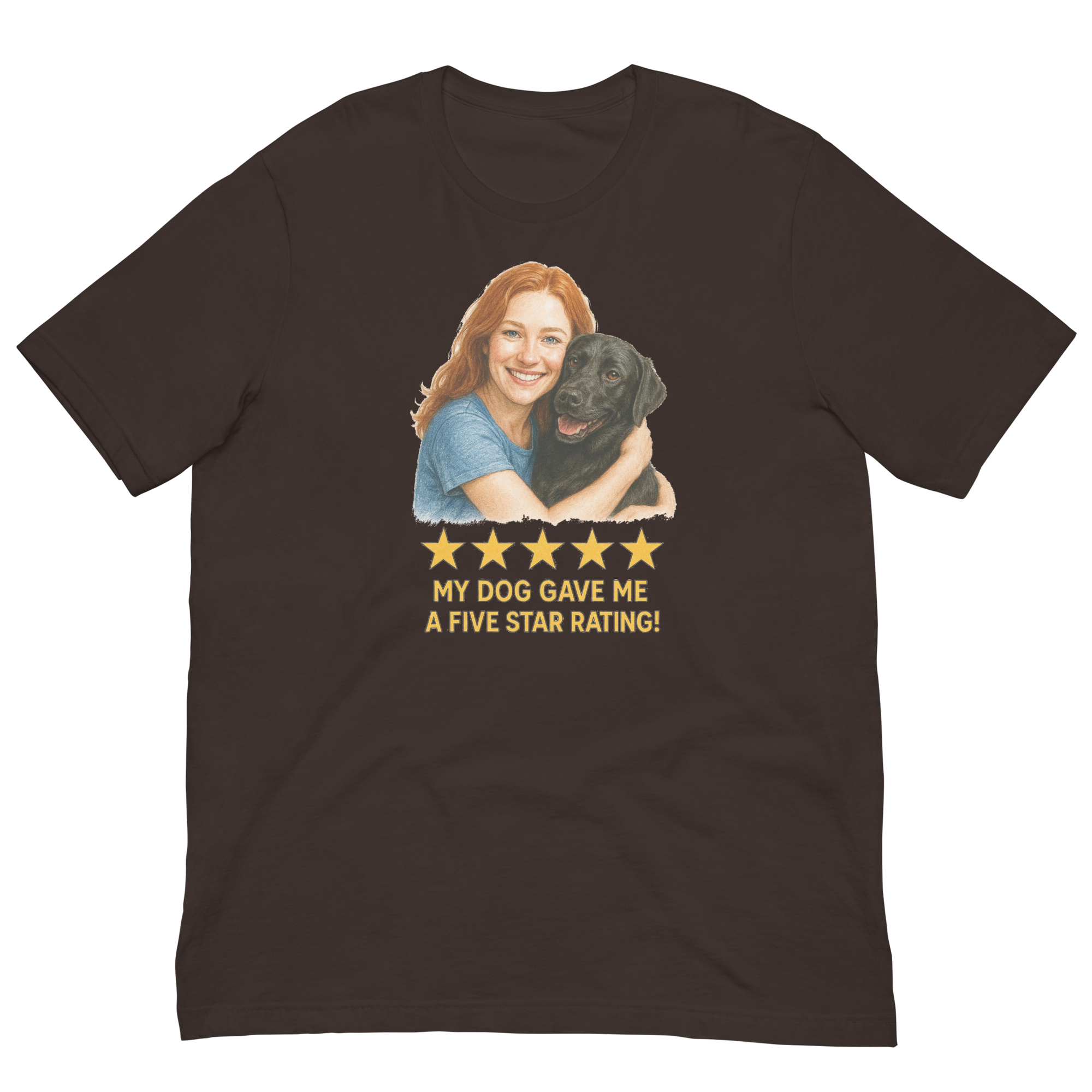 Red Hair Woman with Black Labrador graphic tee.