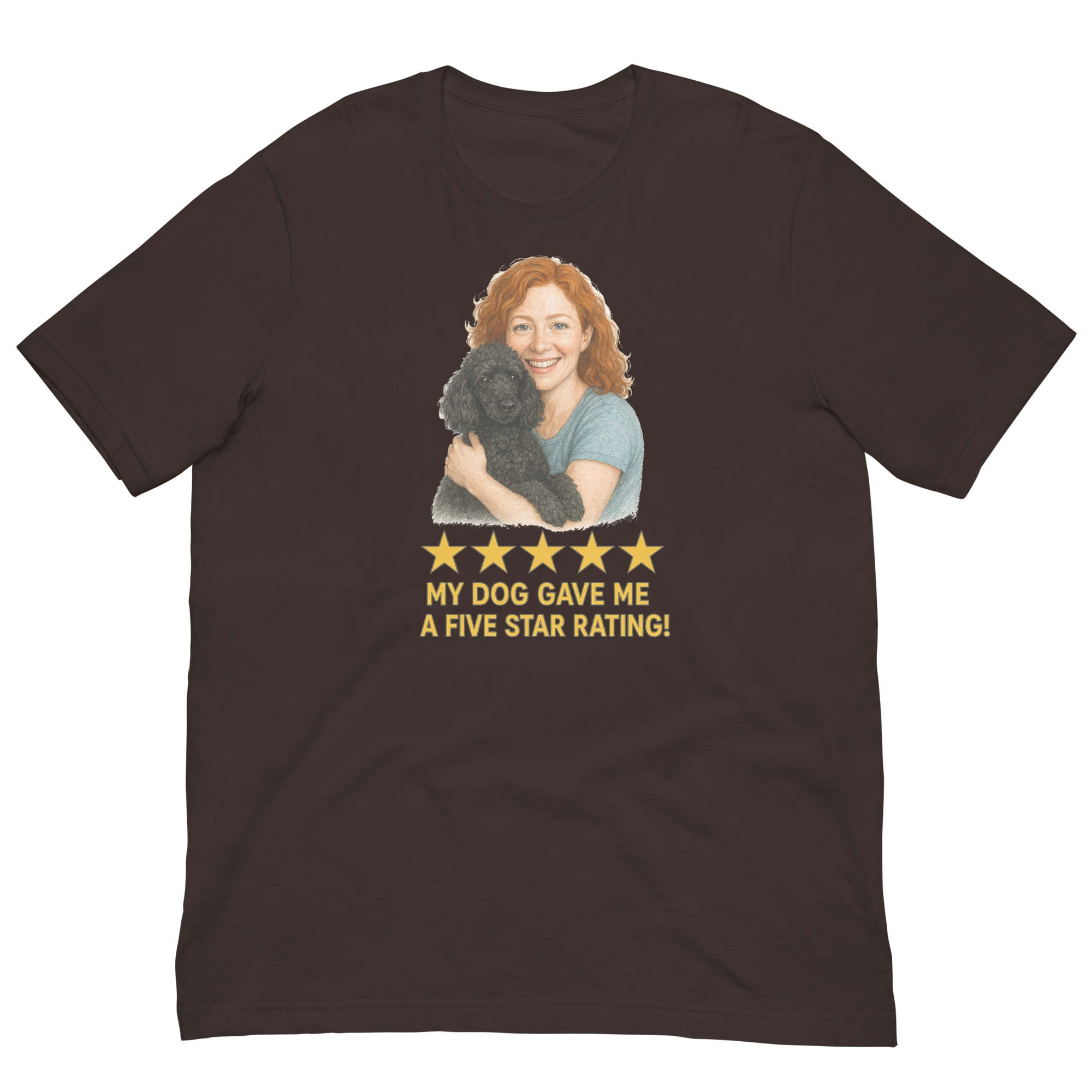Red Hair Woman with Black Poodle graphic tee.