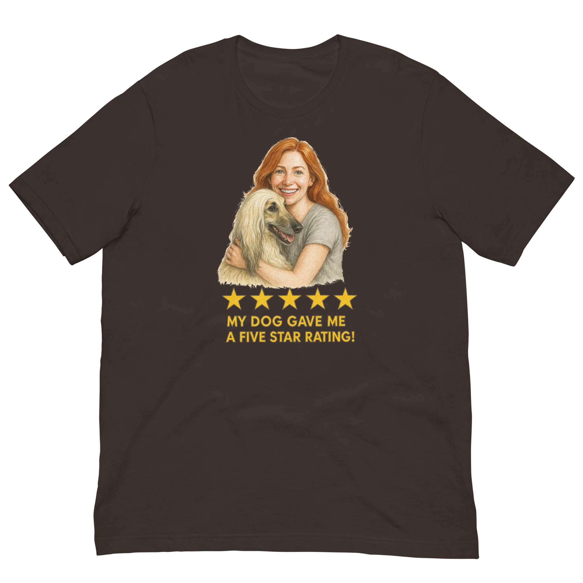 Red Hair Woman with Afghan Hound graphic tee.
