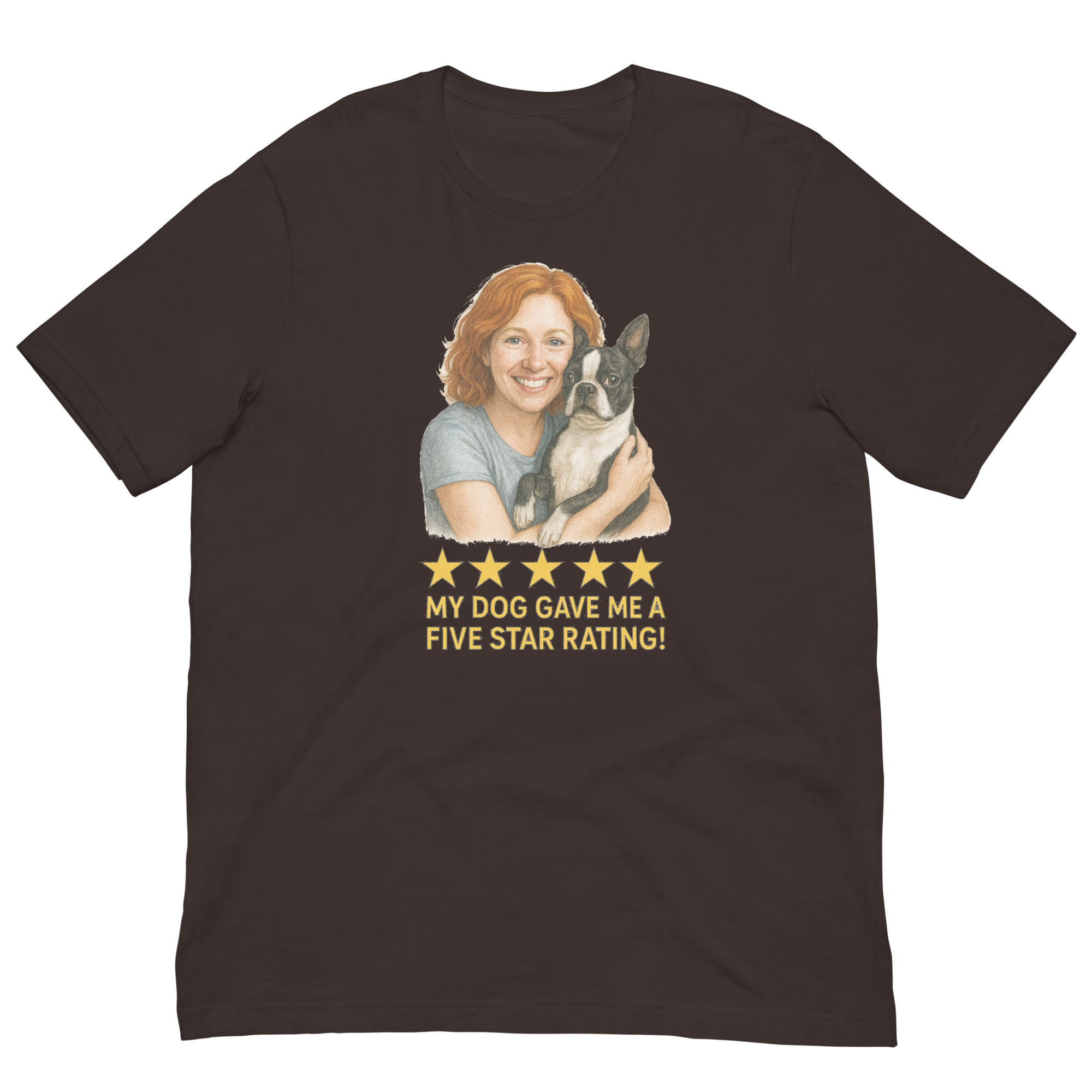 Red Hair Woman with Boston Terrier graphic tee.
