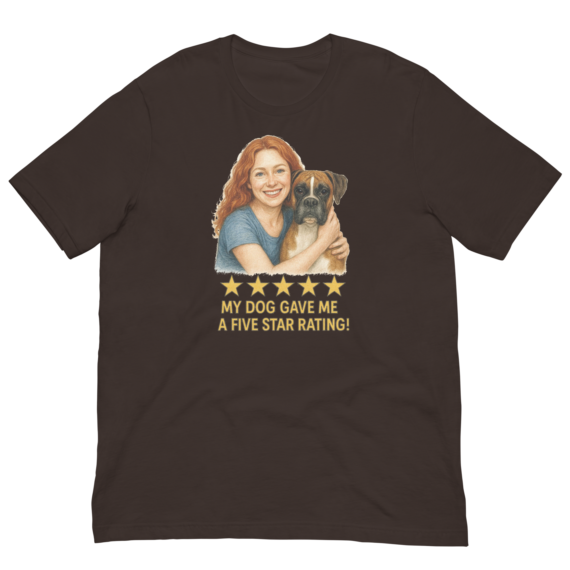Red Hair Woman with Boxer graphic tee.