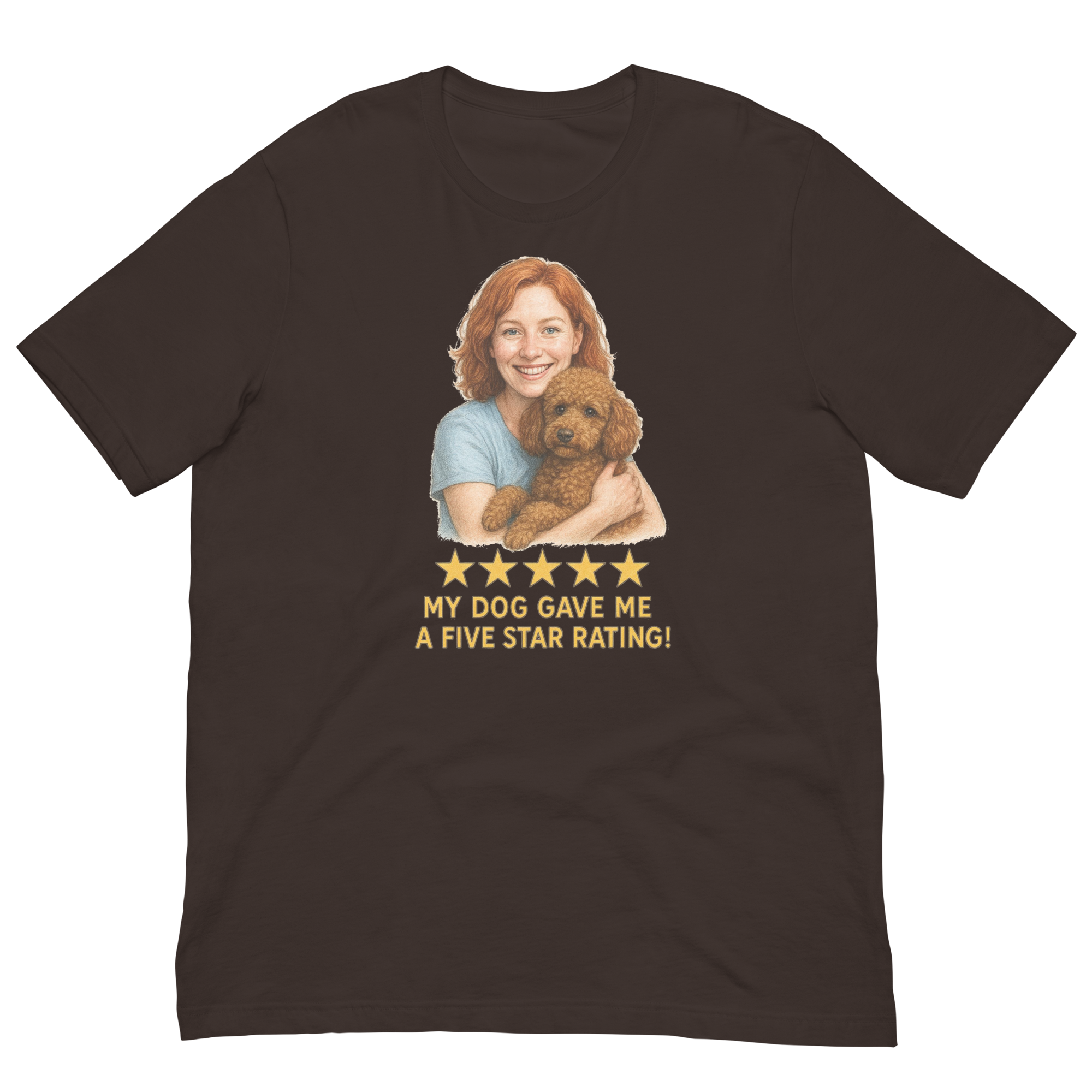 Red Hair Woman with Brown Poodle graphic tee.