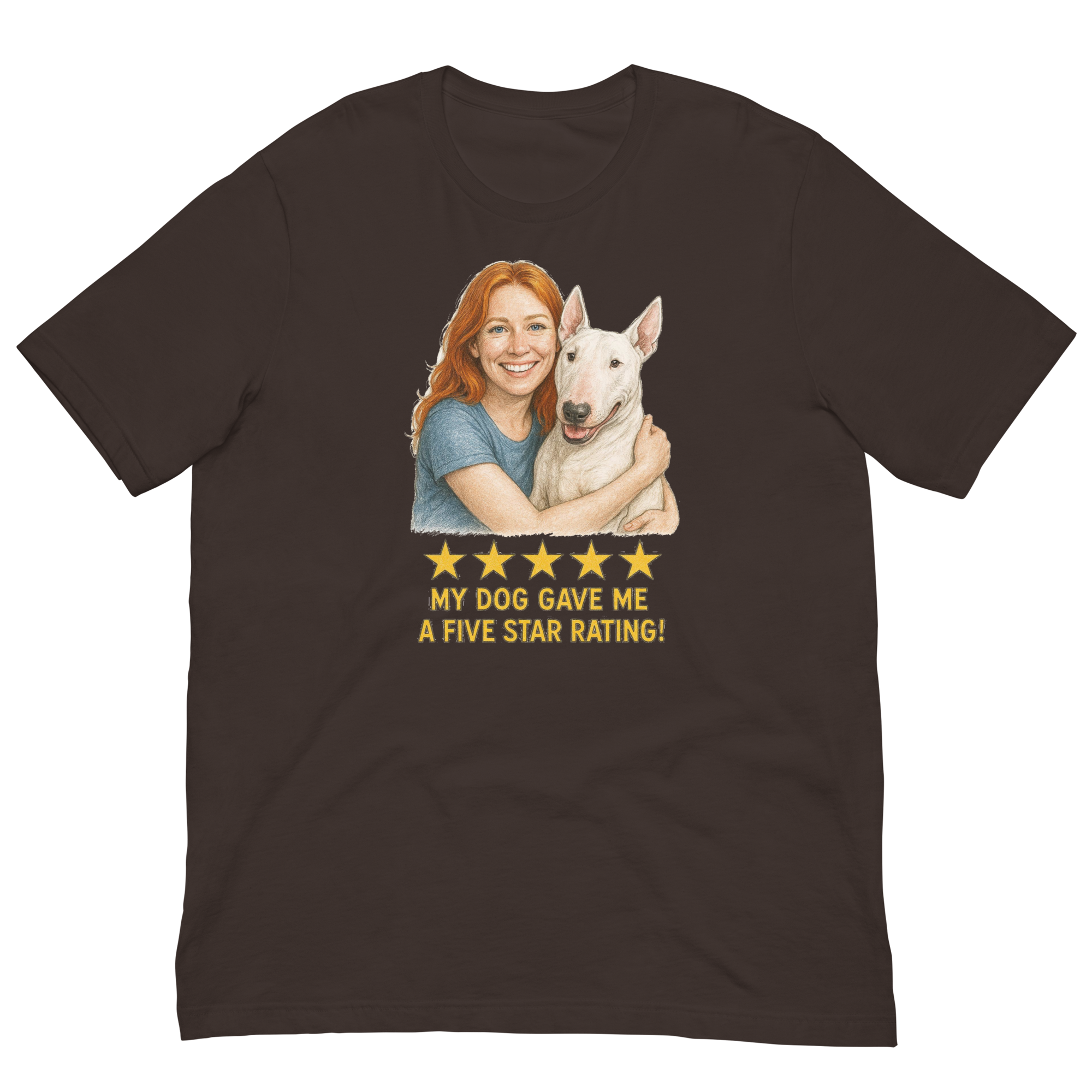 Red Hair Woman with Bull Terrier graphic tee.