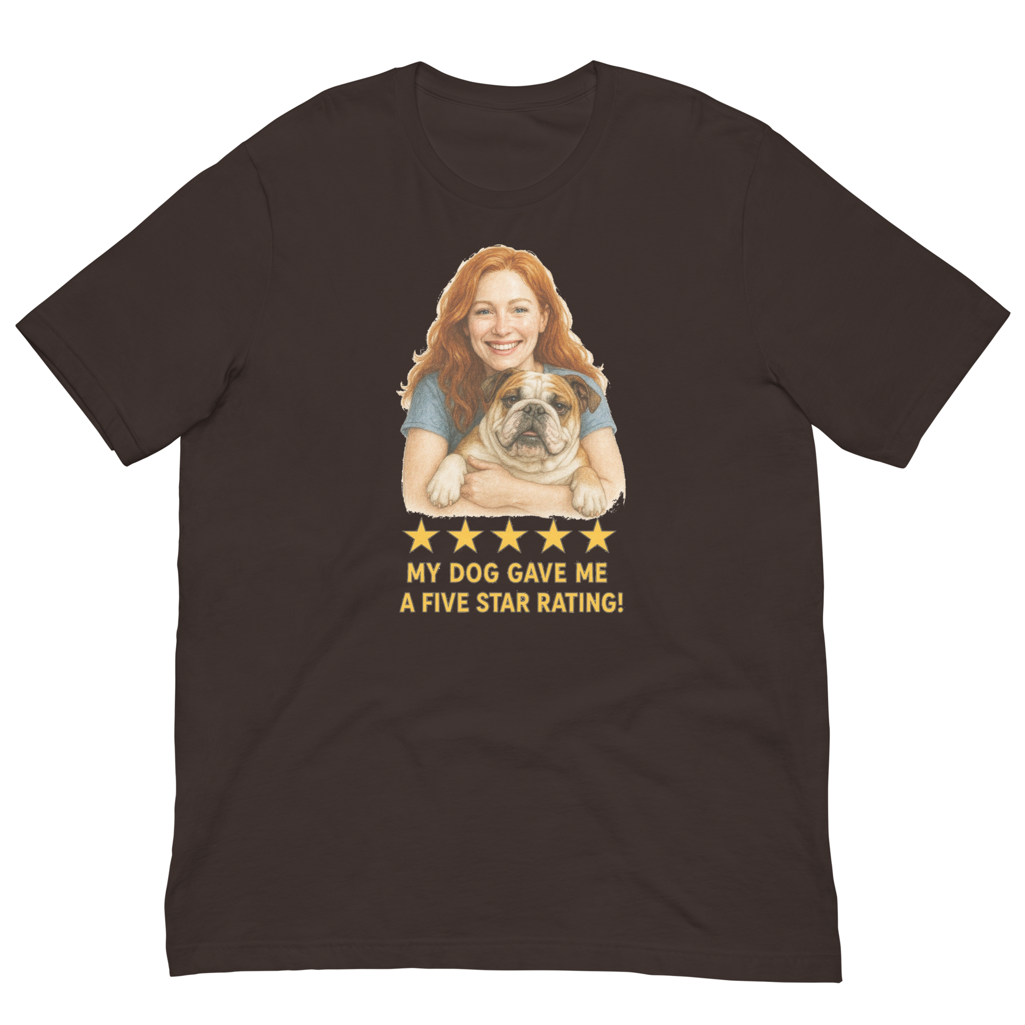 Red Hair Woman with Bulldog graphic tee.