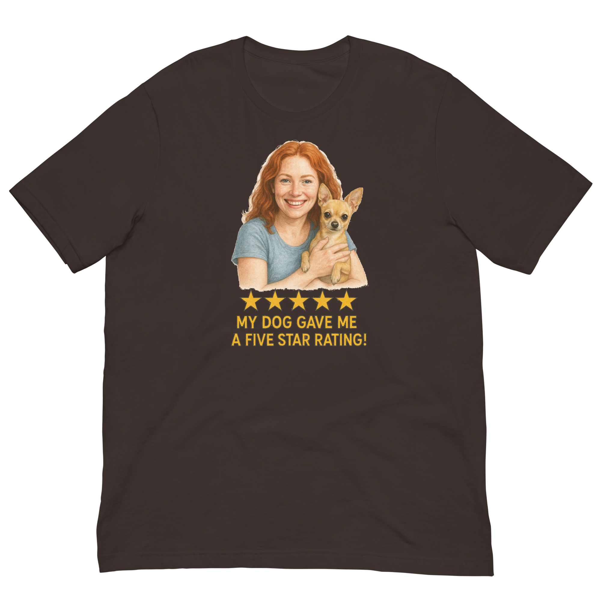 Red Hair Woman with Chihuahua graphic tee.