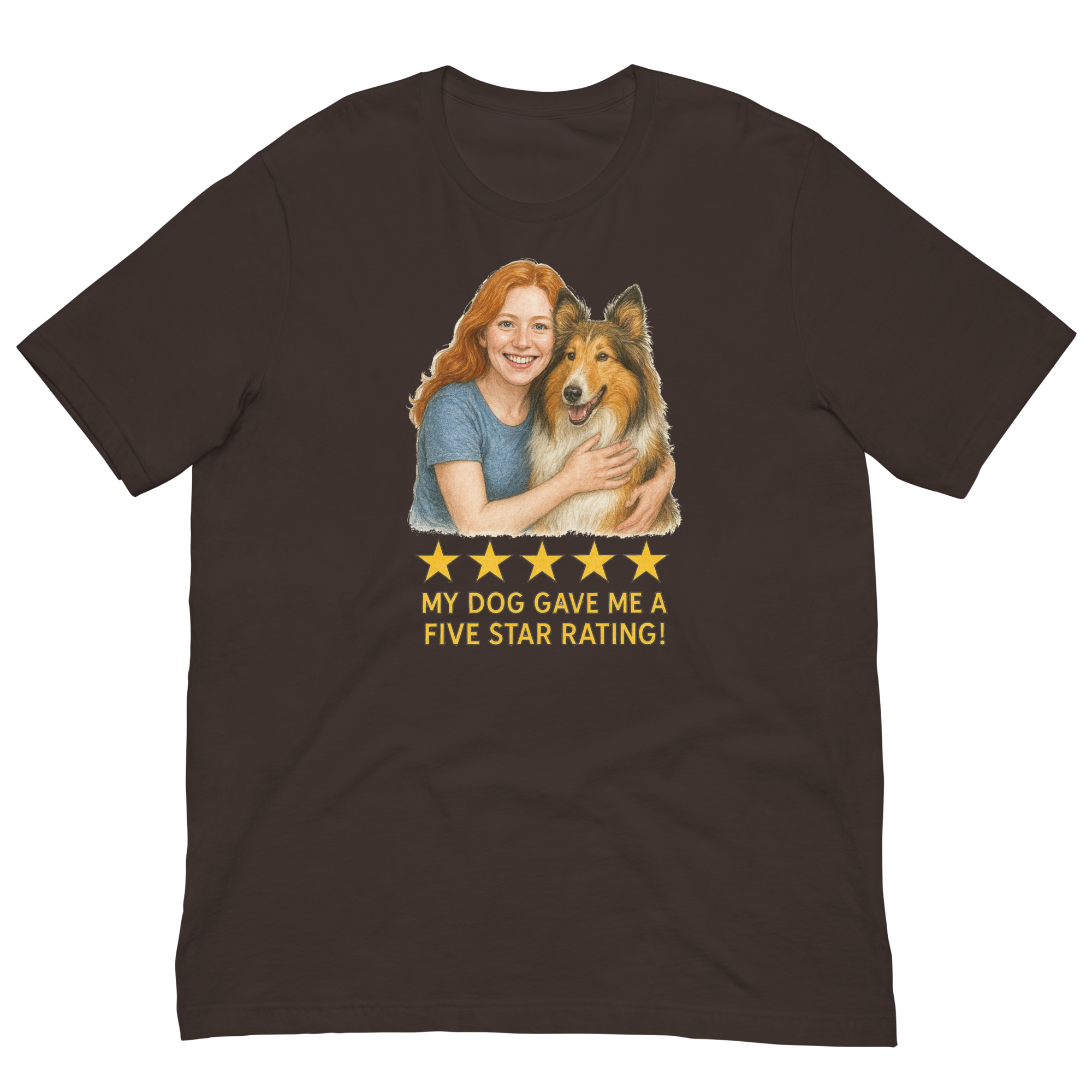 Red Hair Woman with Collie graphic tee.