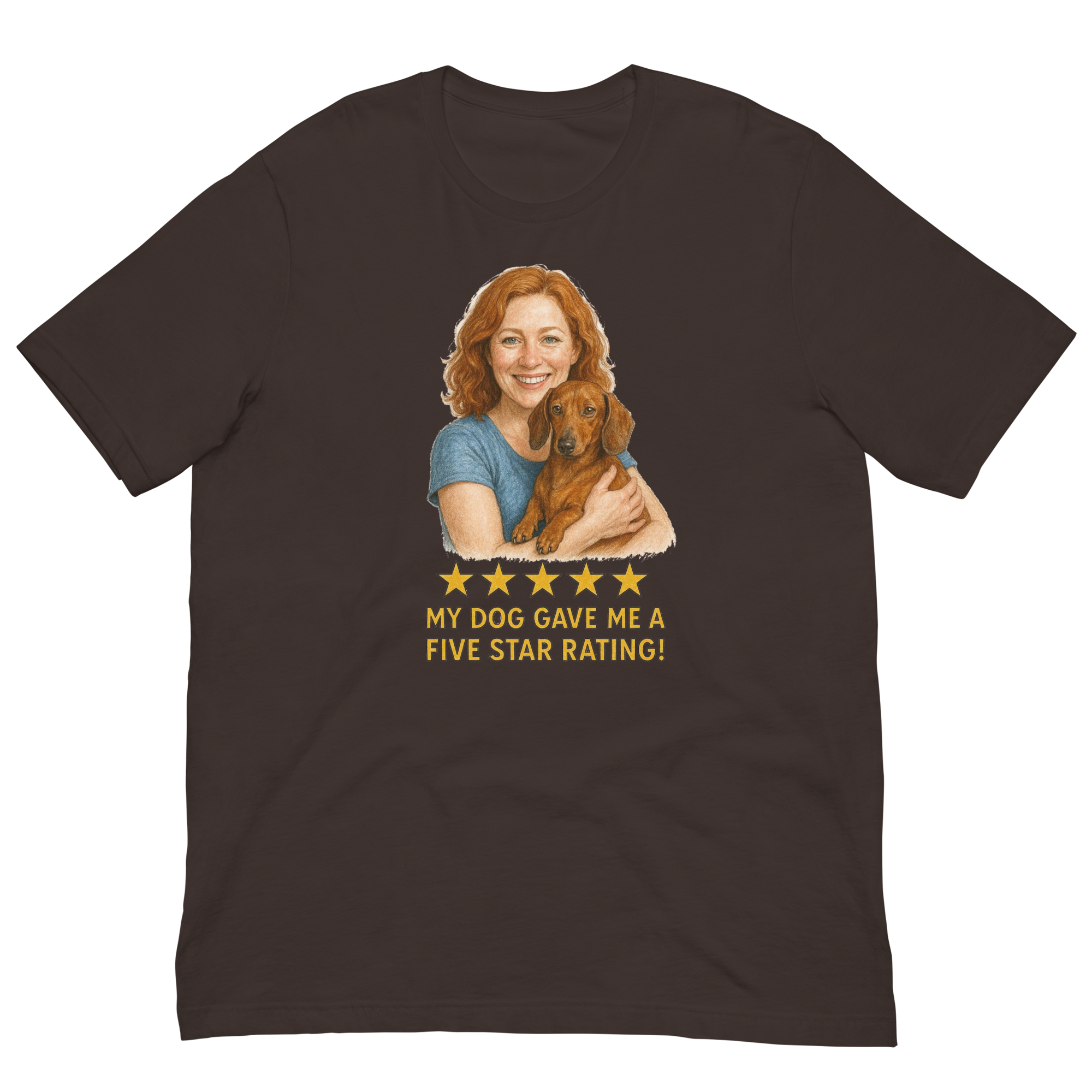 Red Hair Woman with Dachshund graphic tee.