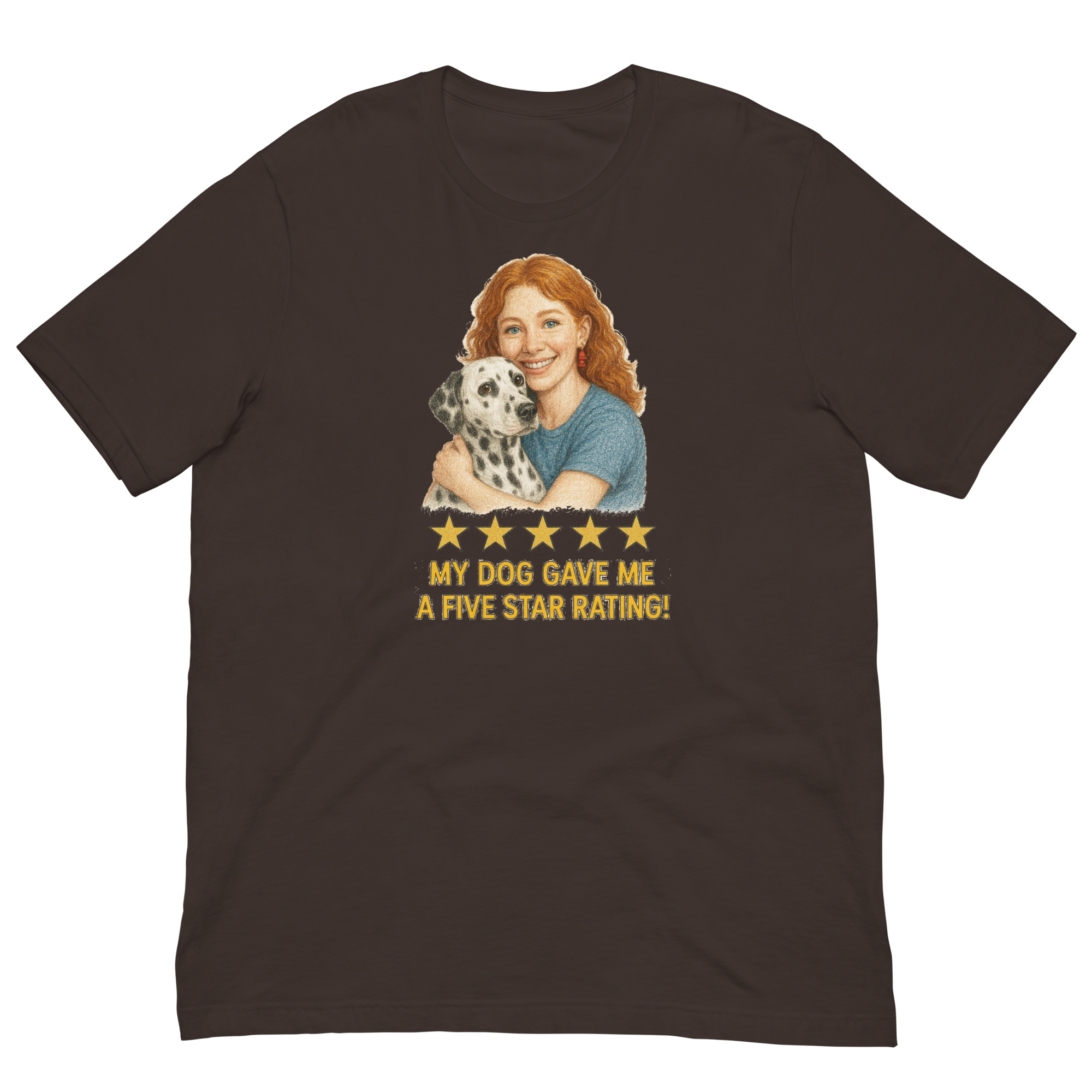 Red Hair Woman with Dalmatian graphic tee.