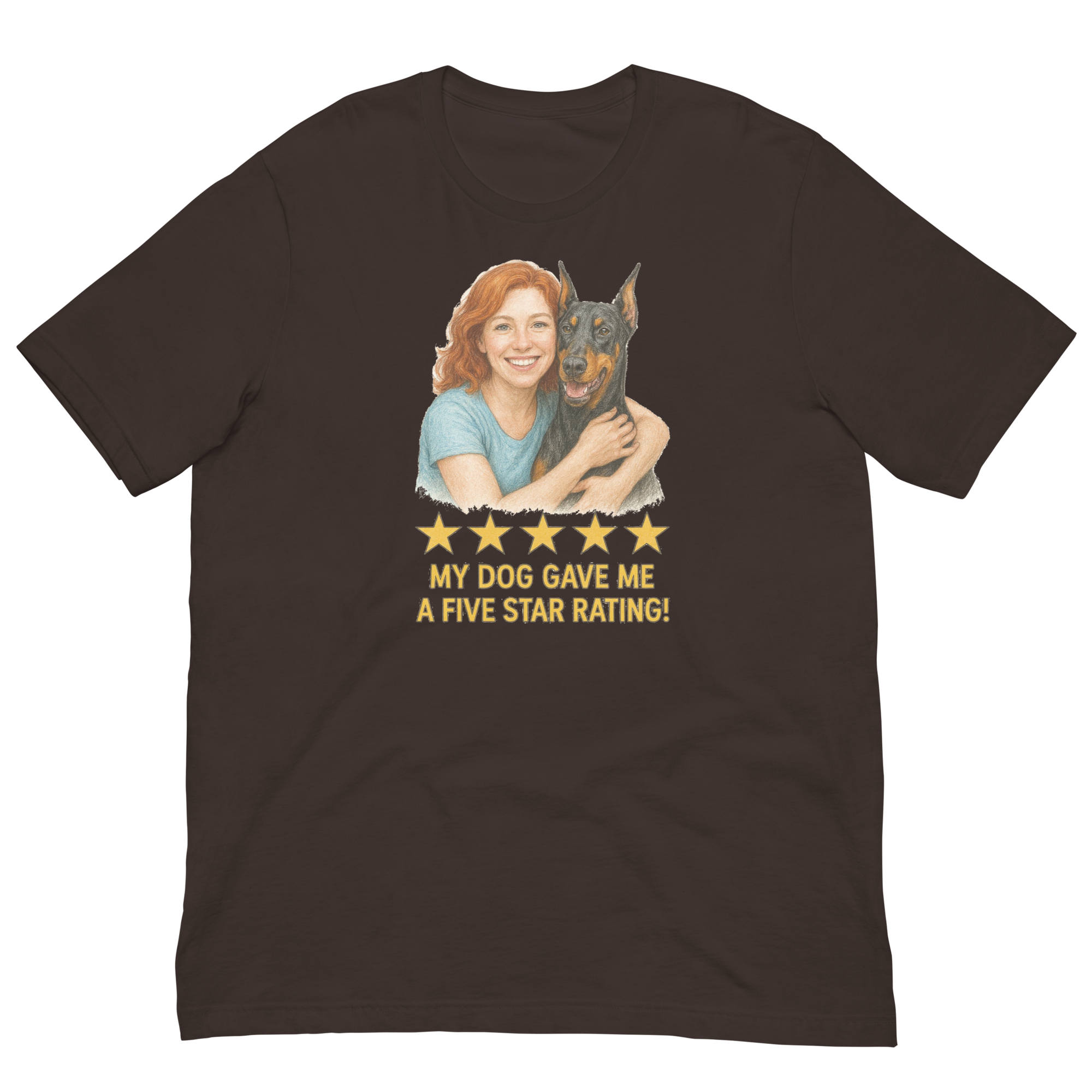 Red Hair Woman with Doberman Pinscher graphic tee.