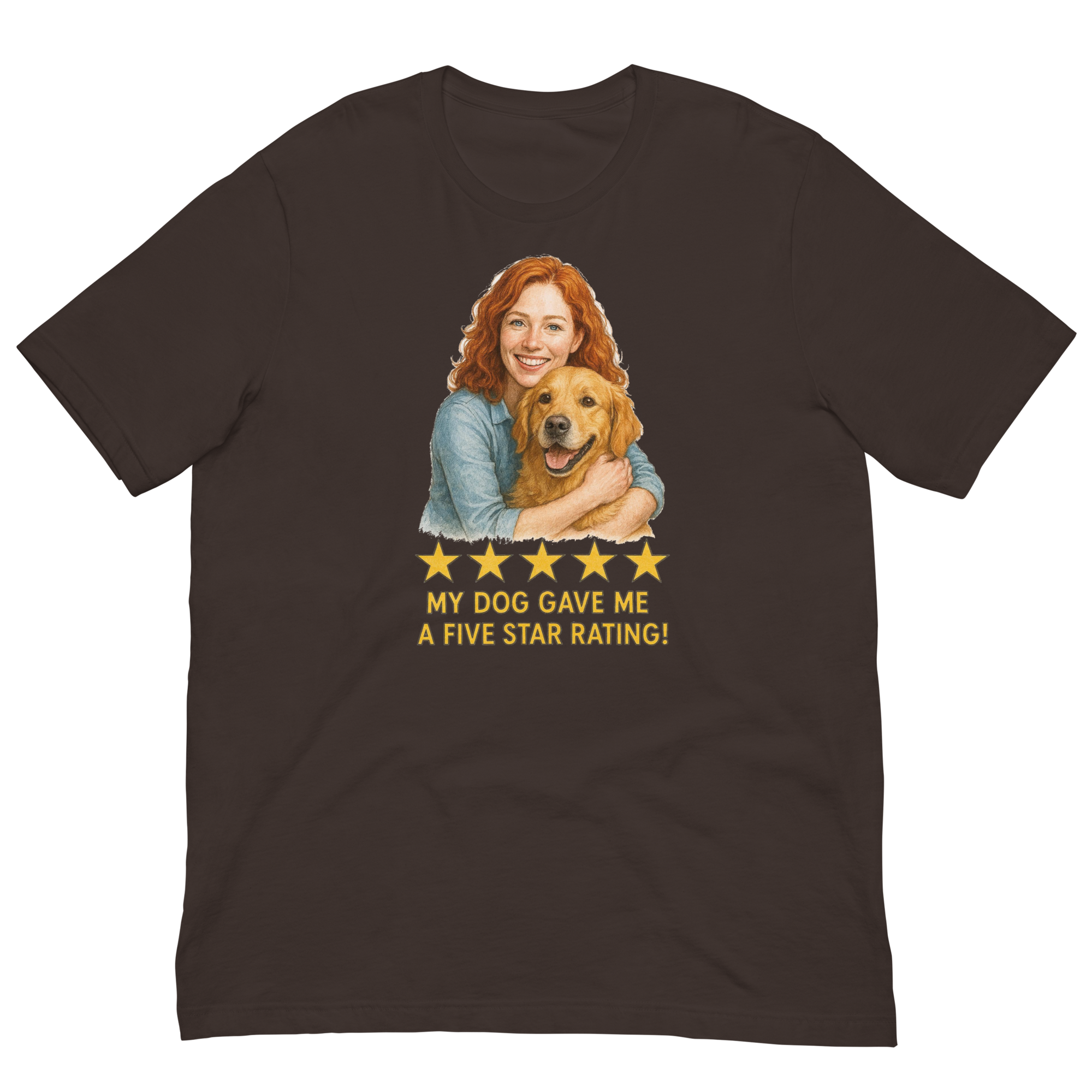 Red Hair Woman with Golden Retriever graphic tee.