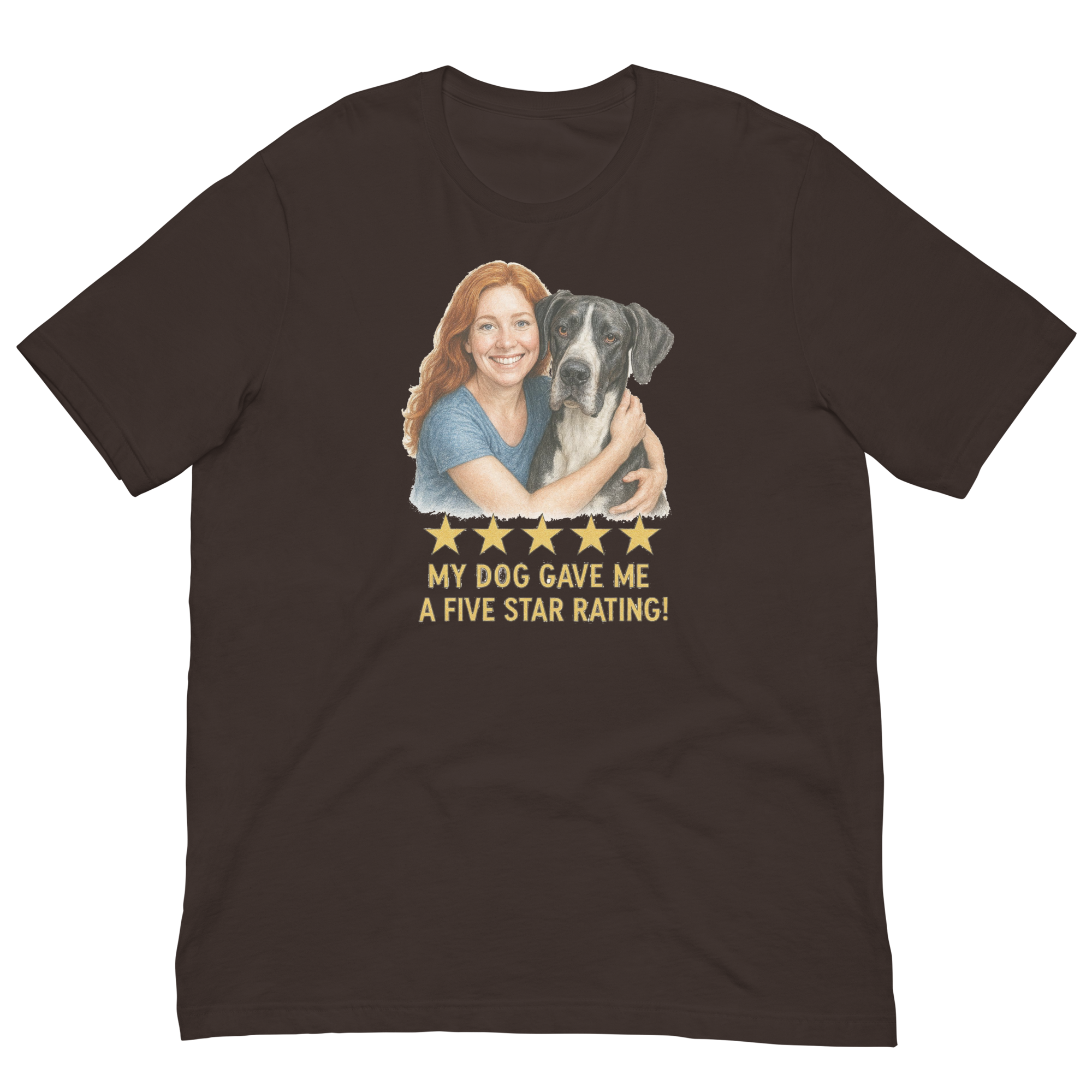 Red Hair Woman with Great Dane graphic tee.