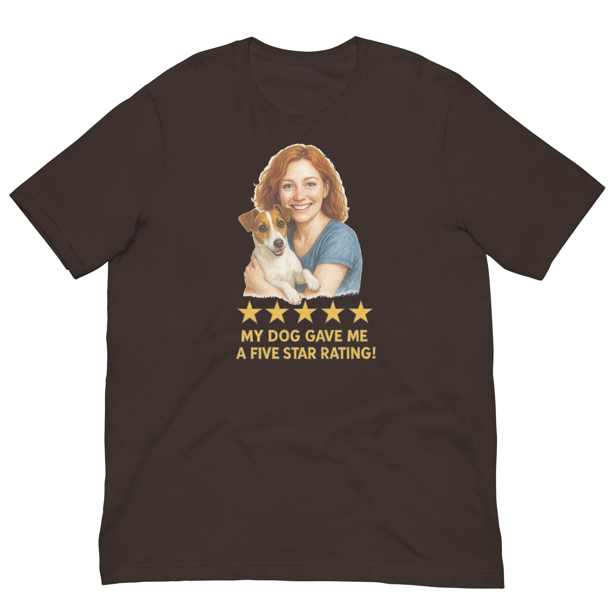 Red Hair Woman with Jack Russell Terrier graphic tee.