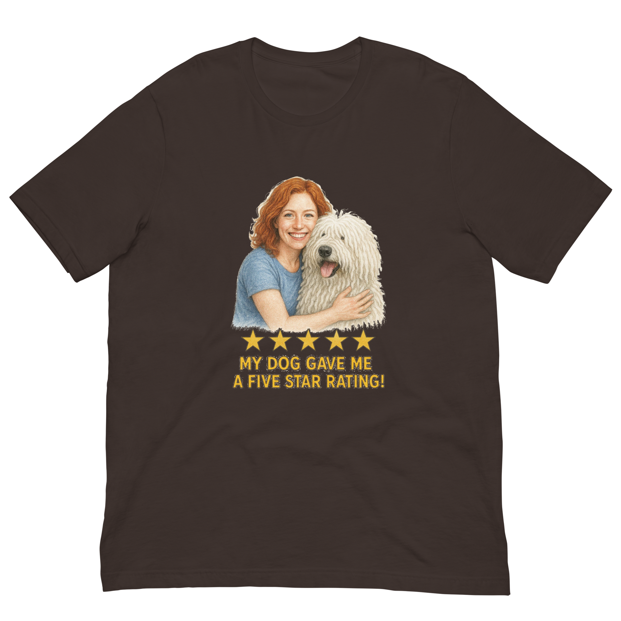 Red Hair Woman with Komondor graphic tee.