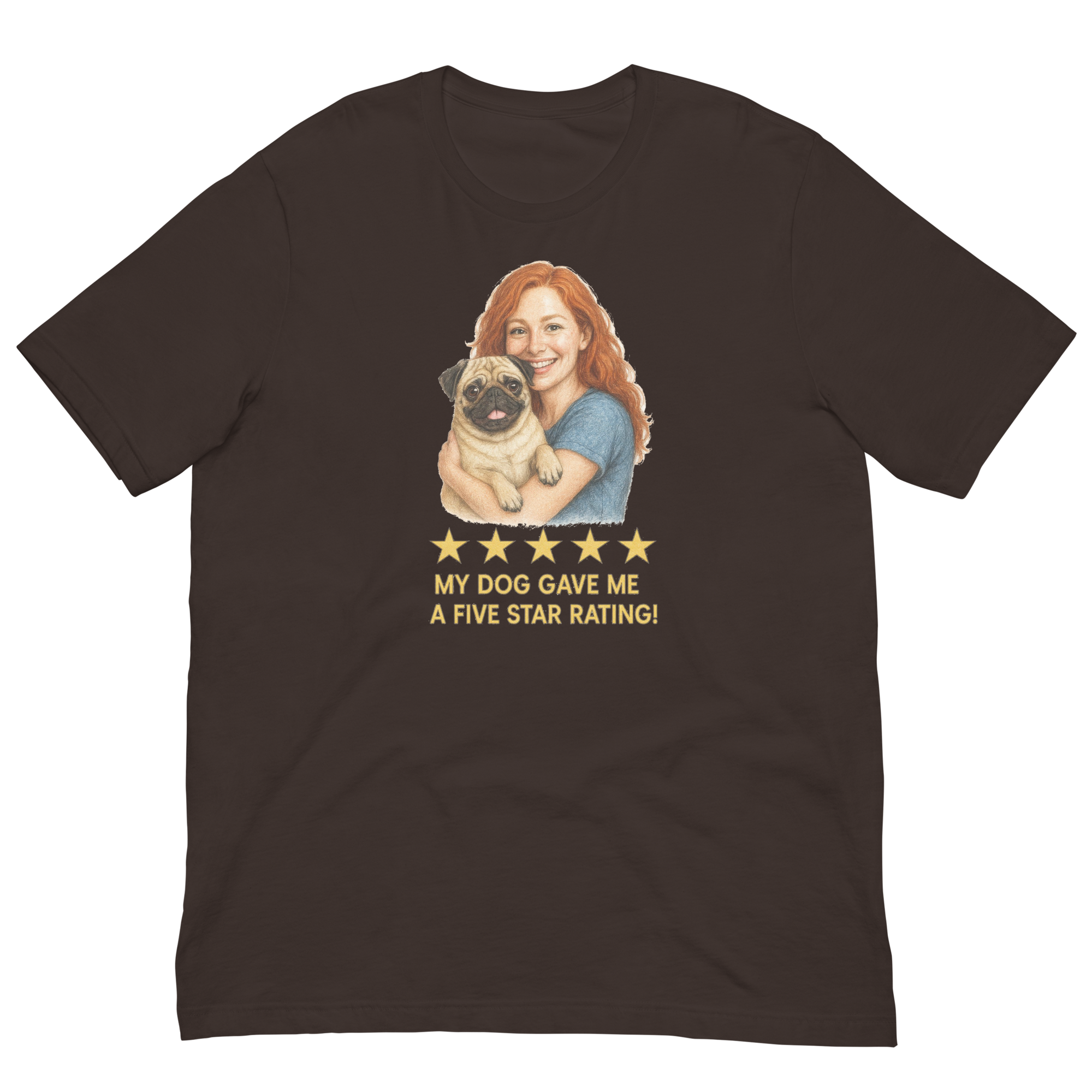 Red Hair Woman with Pug graphic tee.