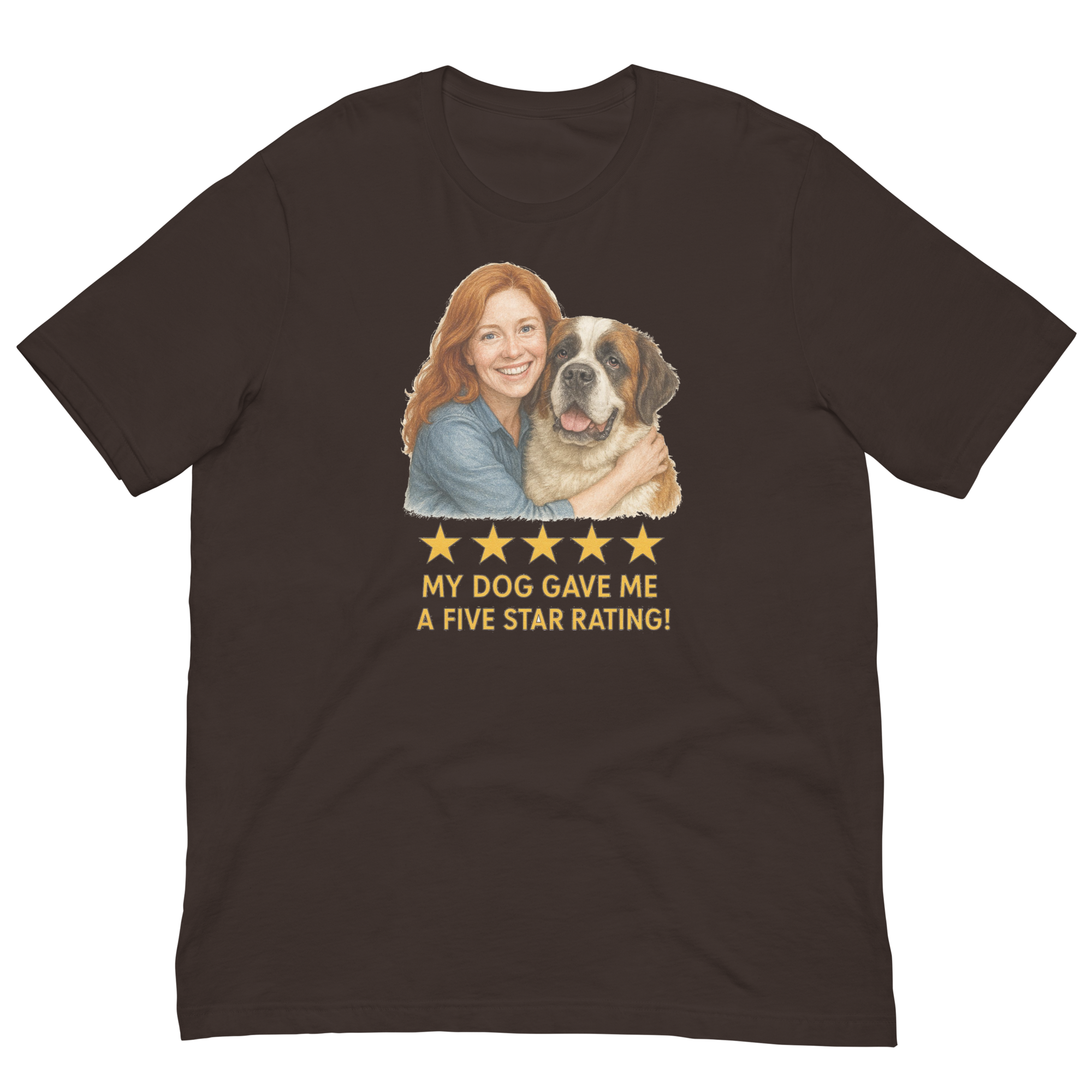 Red Hair Woman with Saint Bernard graphic tee.